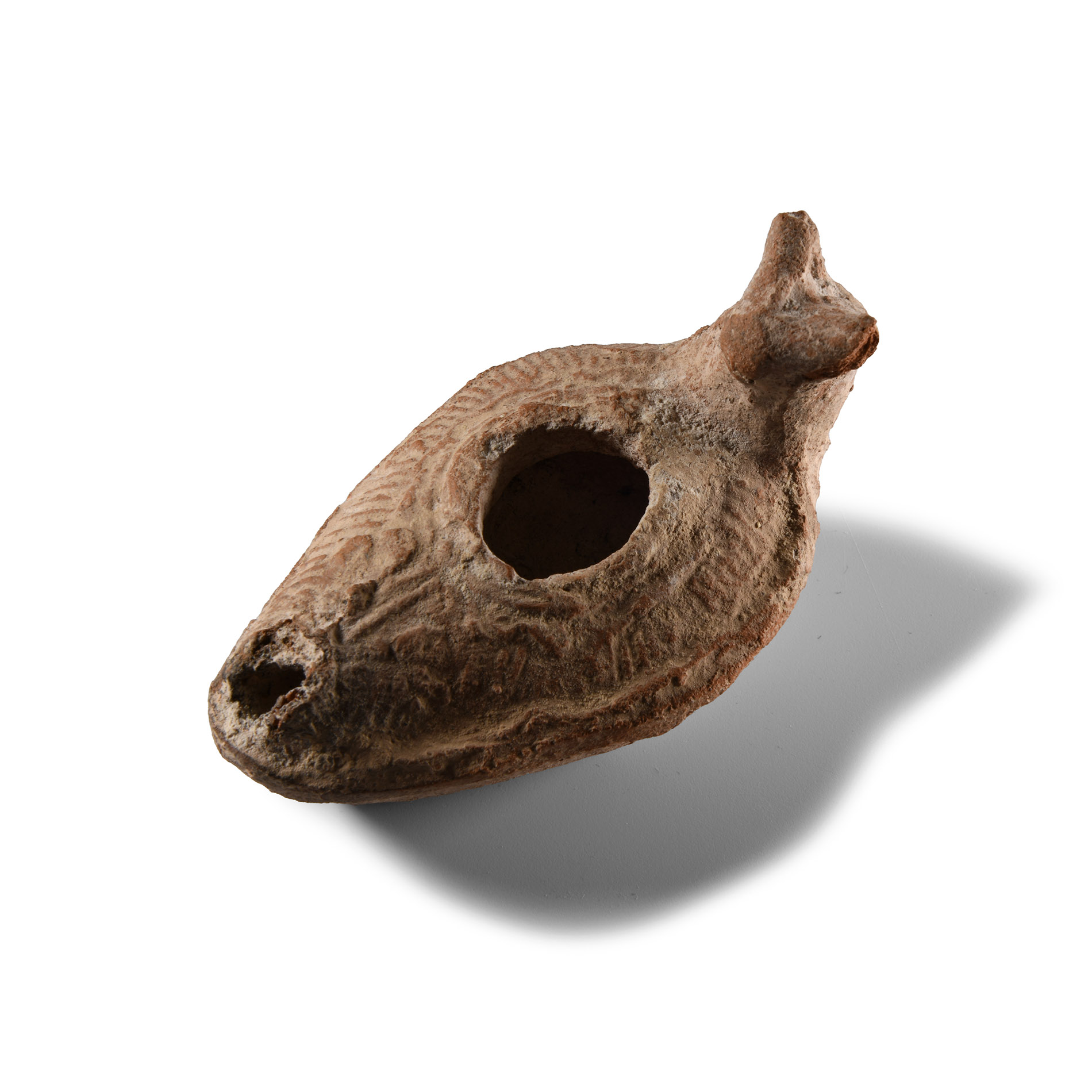 Byzantine Terracotta Slipper Oil Lamp with Animal Head Handle