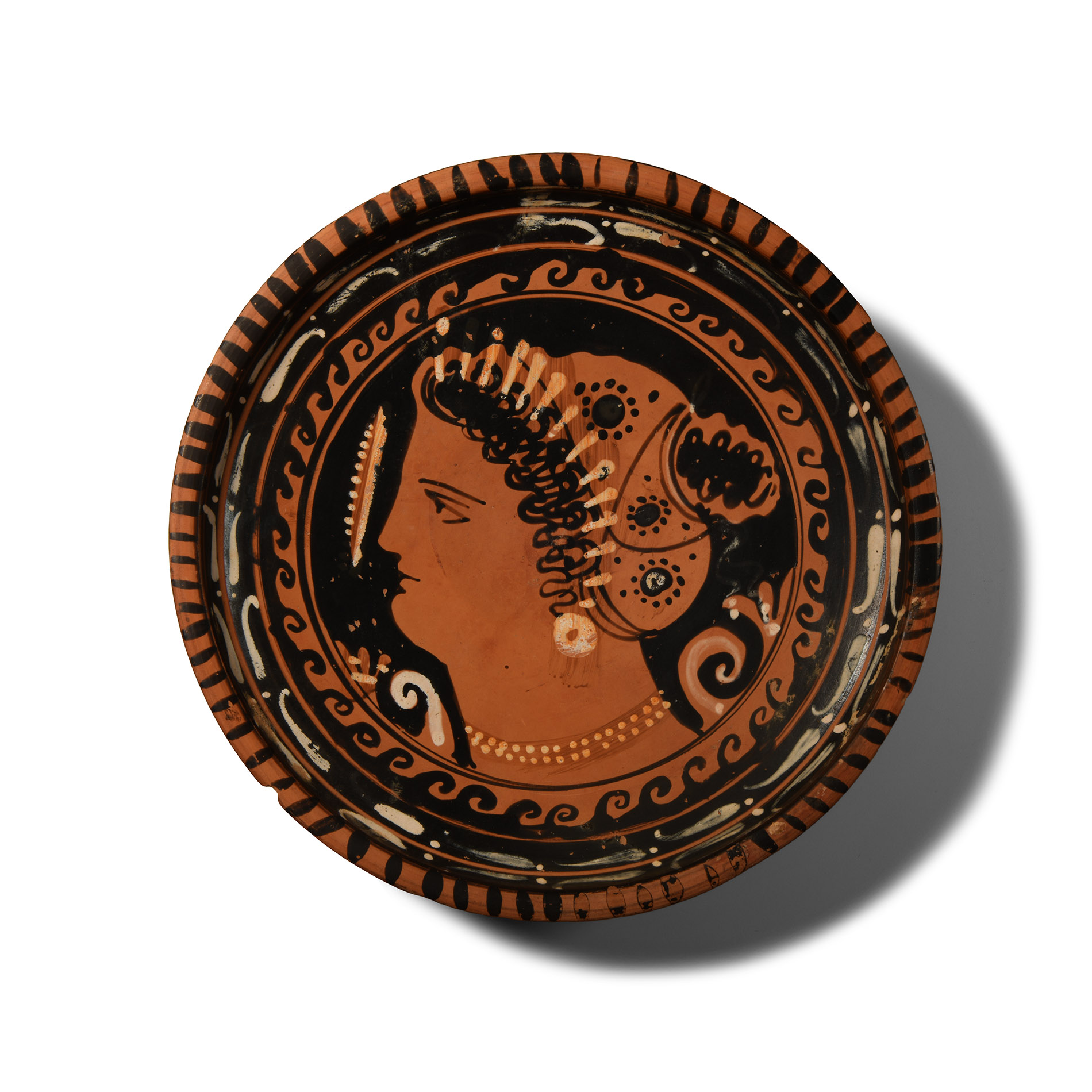 Greek Red Figure Dish with Lady of Fashion