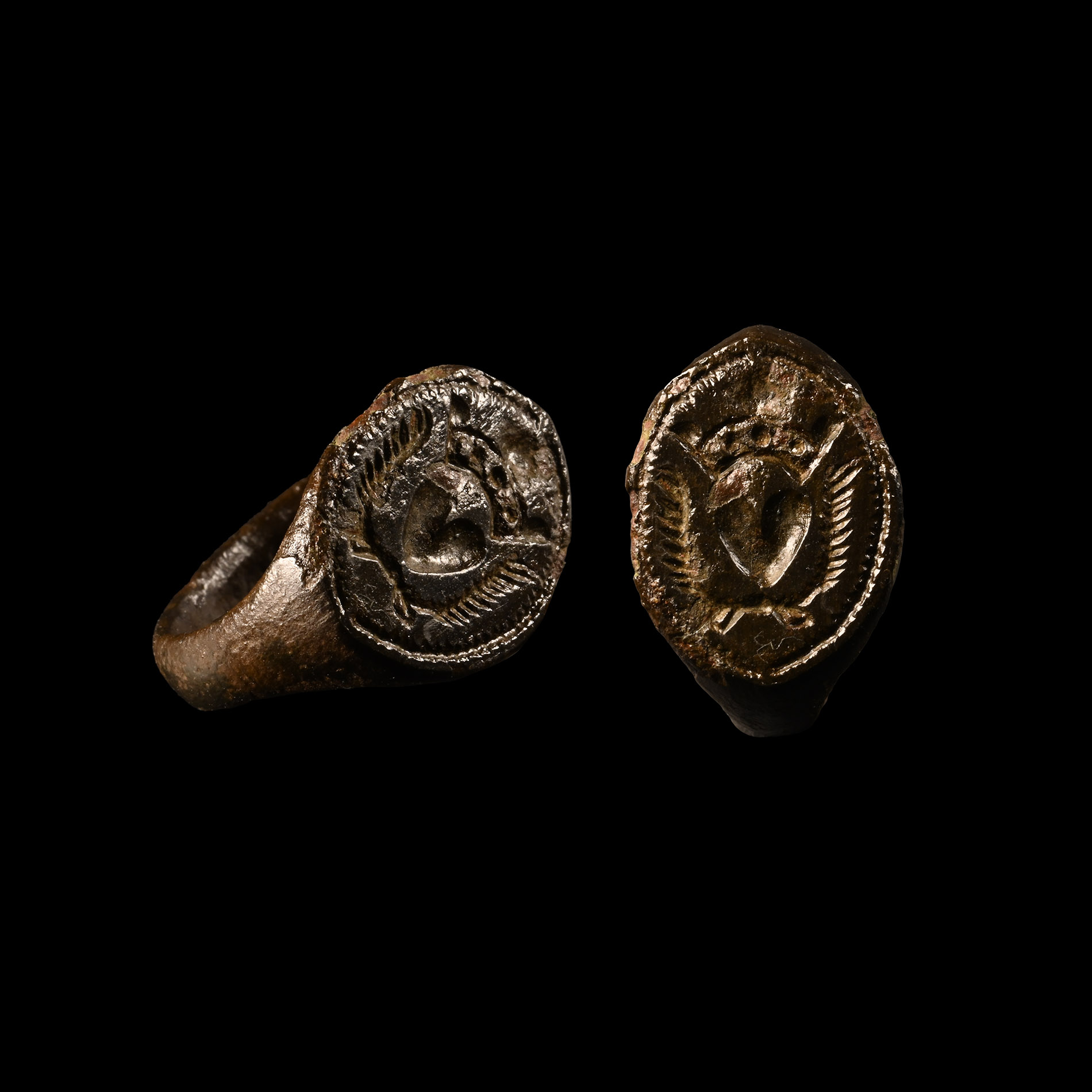 Tudor Period Bronze Signet Ring with Crowned Heart