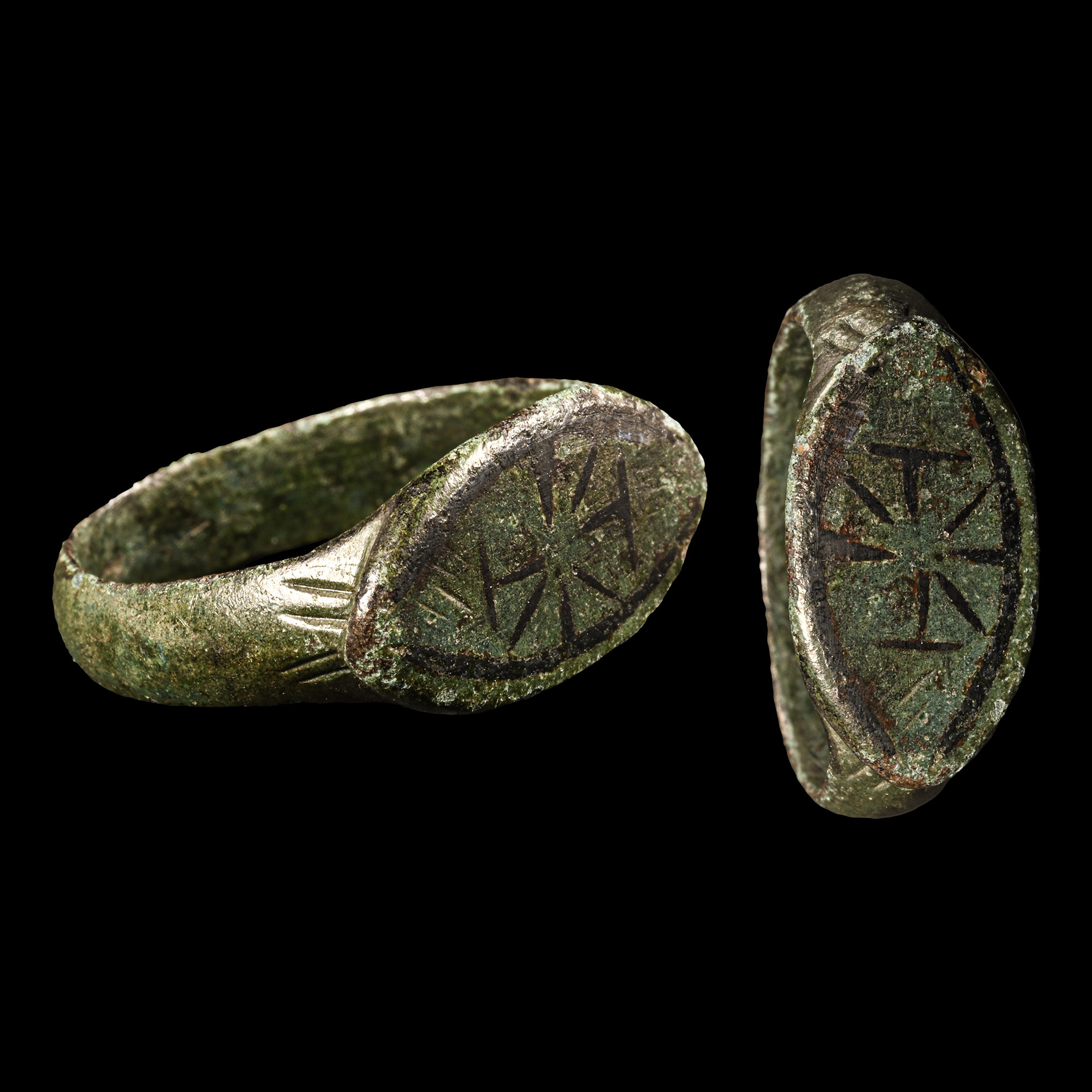 Byzantine Bronze Signet Ring with Niello Cross