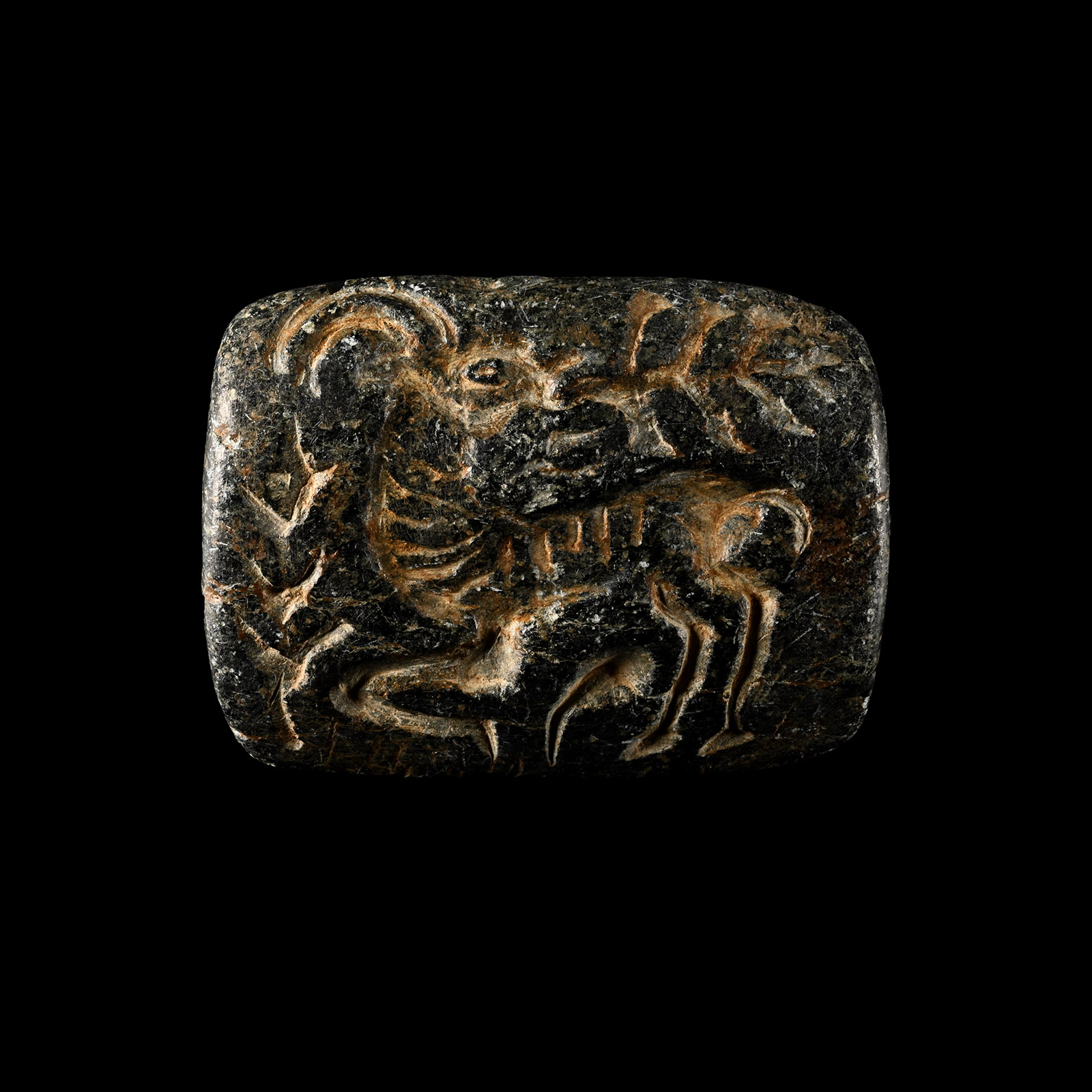 Large Bactrian Bifacial Stone Stamp Seal with Serpent and Ibex