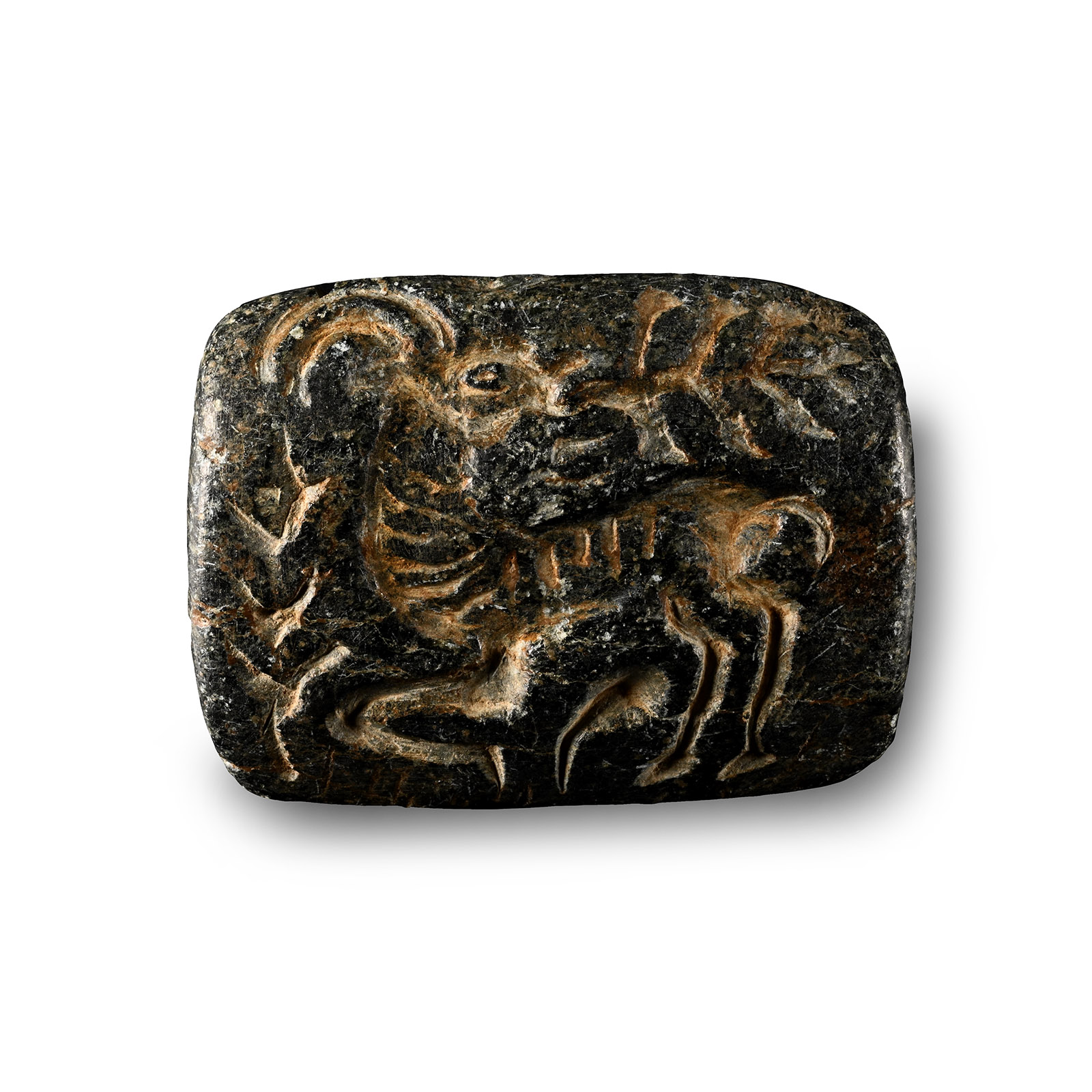 Large Bactrian Bifacial Stone Stamp Seal with Serpent and Ibex