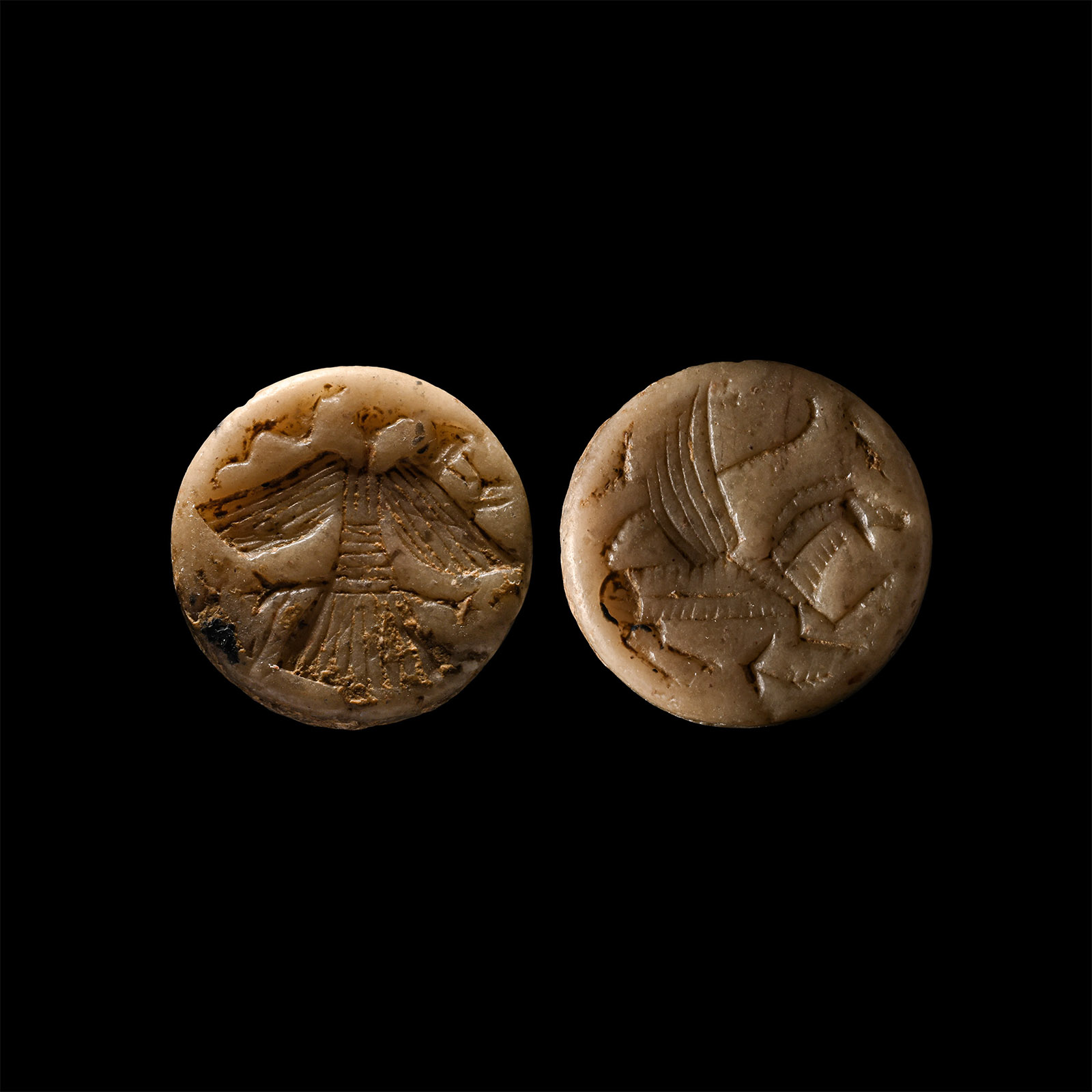 Western Asiatic Alabaster Bifacial Stamp Seal with Vulture, Snake and Winged Lion