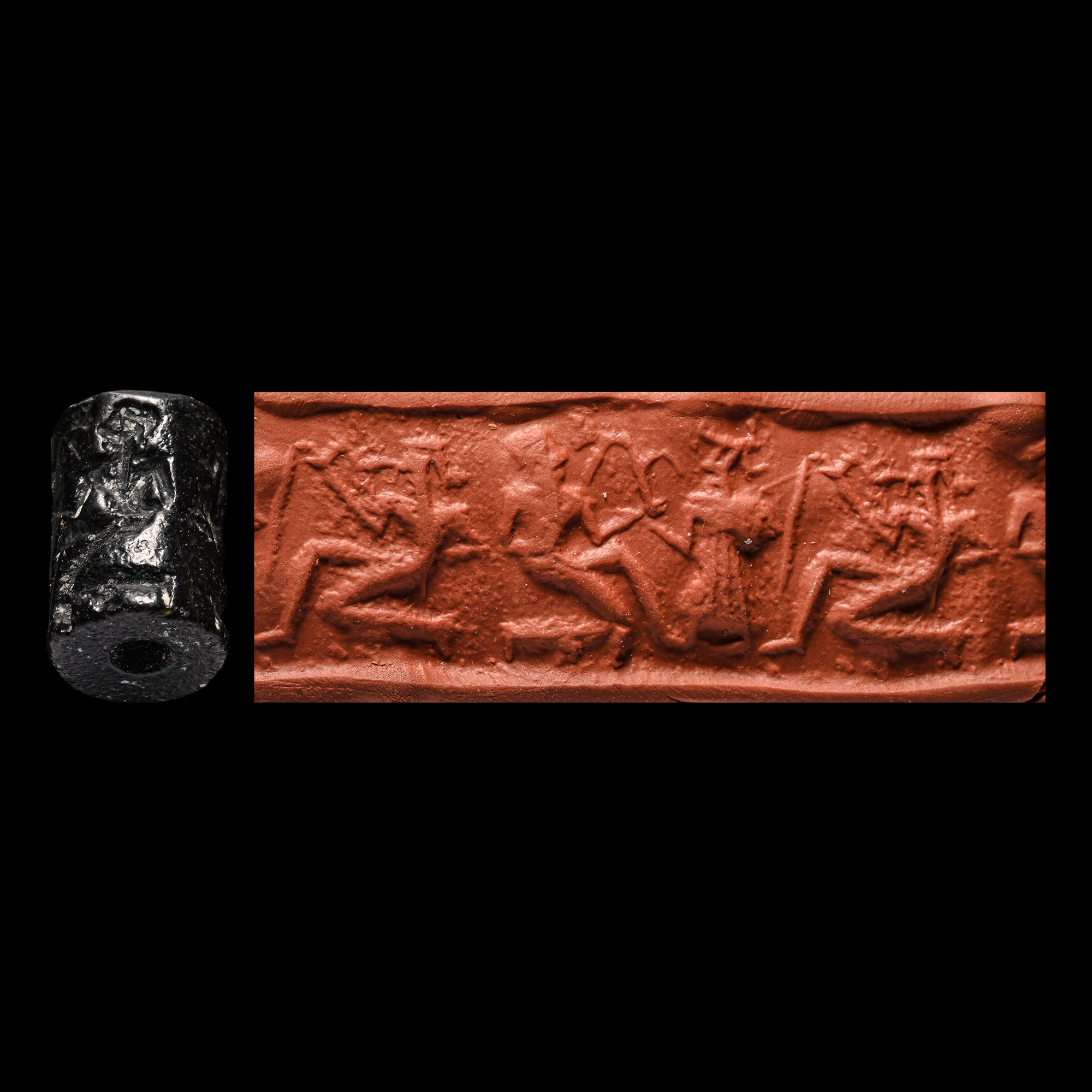 Western Asiatic Black Stone Cylinder Seal with Presentation Scene