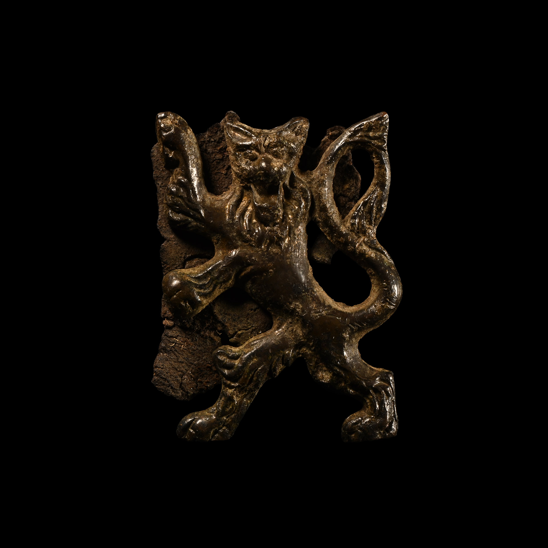 Post Medieval Bronze Rampant Guardant Lion Heraldic Mount