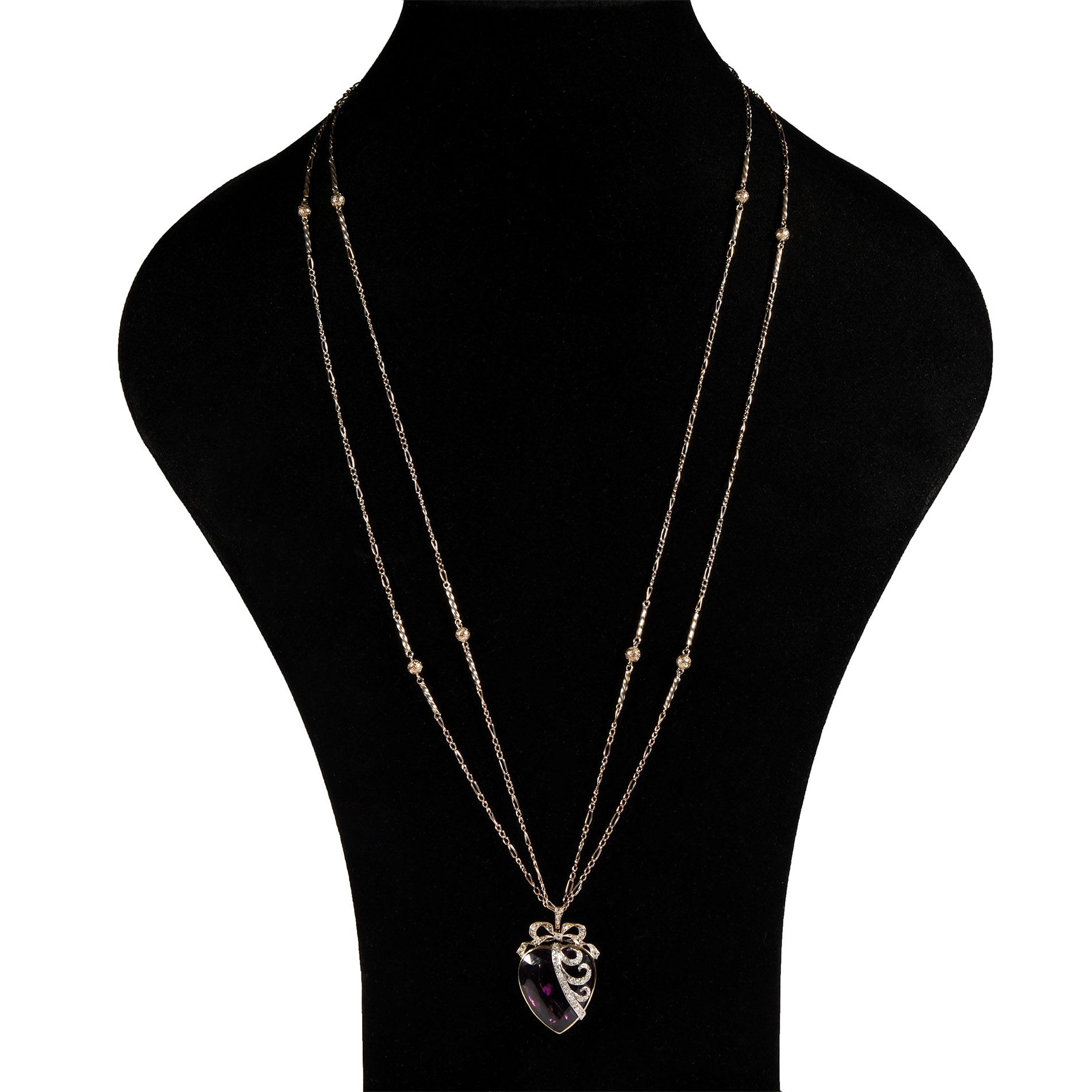 Antique Heart-Shaped Amethyst and Diamond Pendant with Gold Necklace
