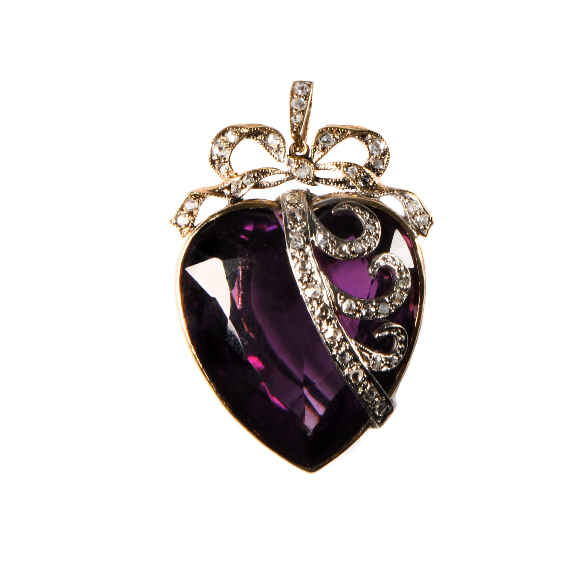 Antique Heart-Shaped Amethyst and Diamond Pendant with Gold Necklace
