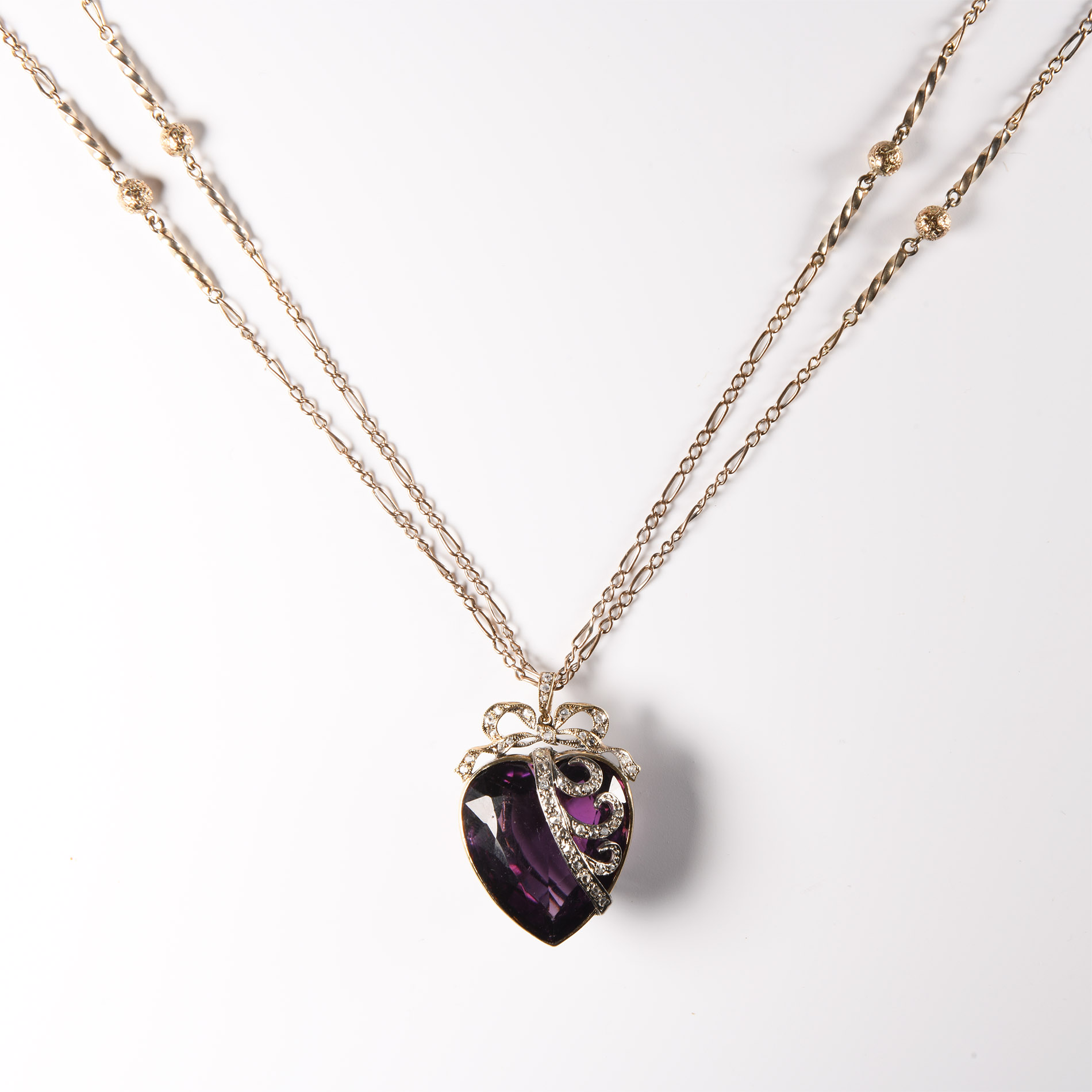 Antique Heart-Shaped Amethyst and Diamond Pendant with Gold Necklace