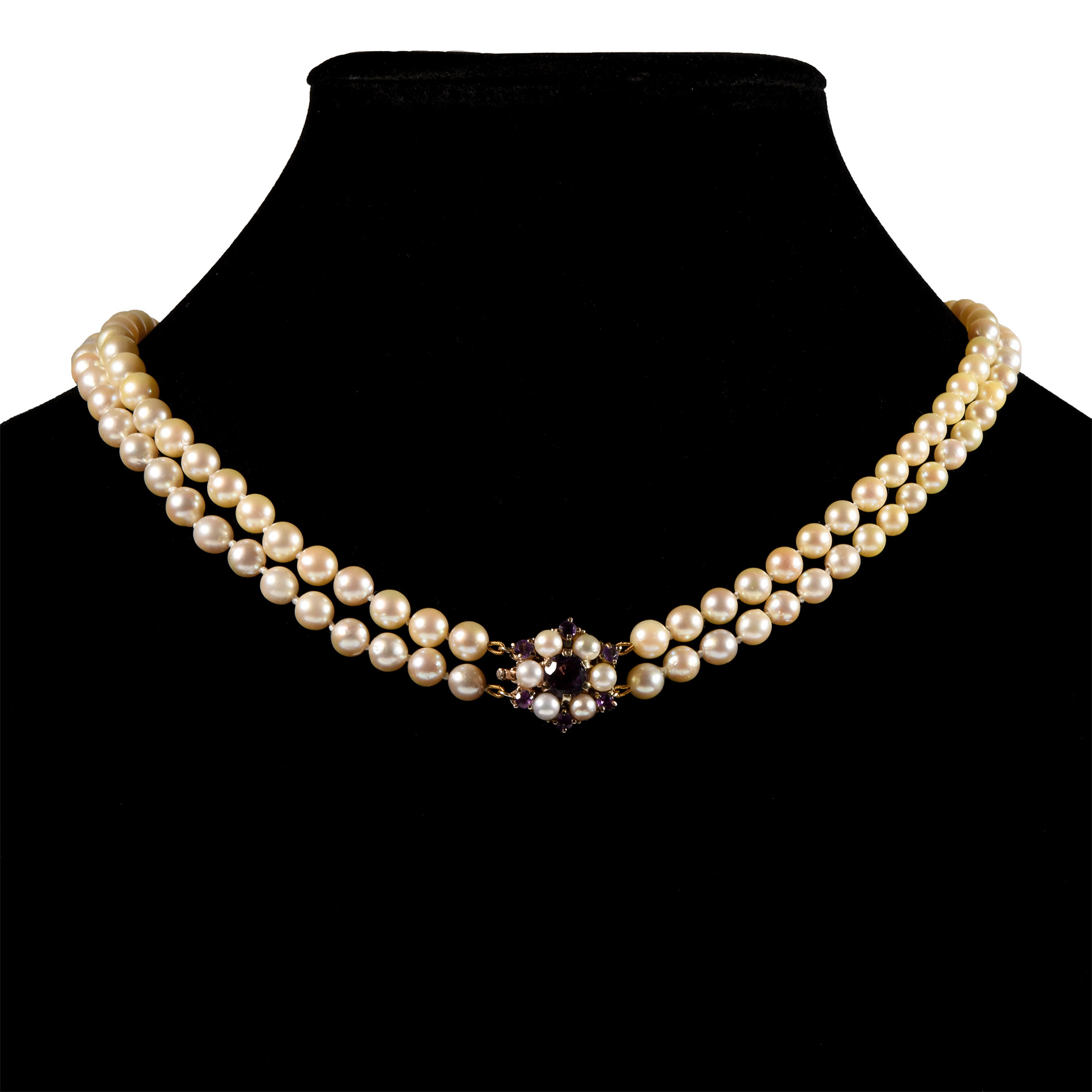 Vintage Cultured Pearl Necklace with Gold, Amethyst and Pearl Clasp