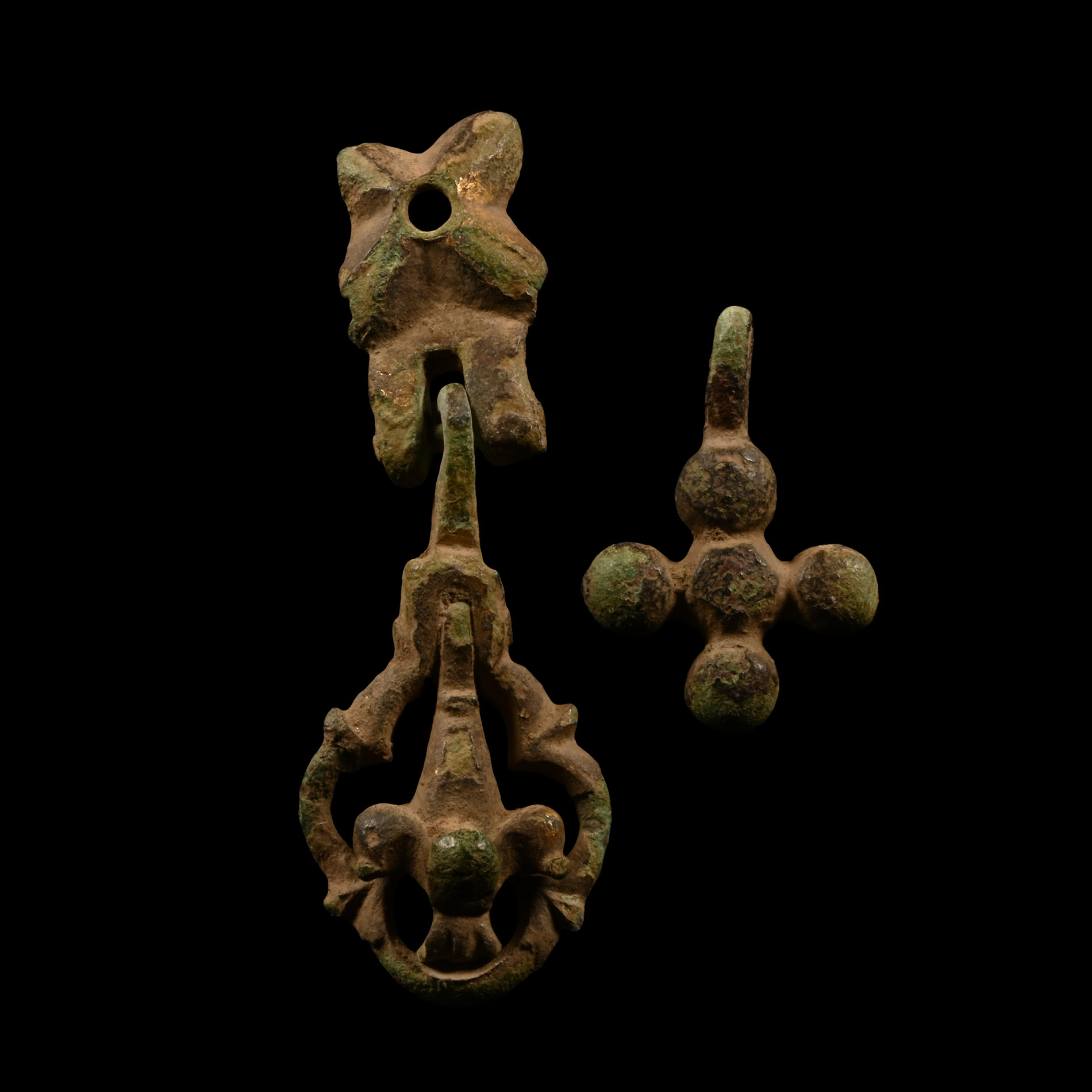 Medieval Gilt Bronze Knight's Horse Harness Cross Pendant Group