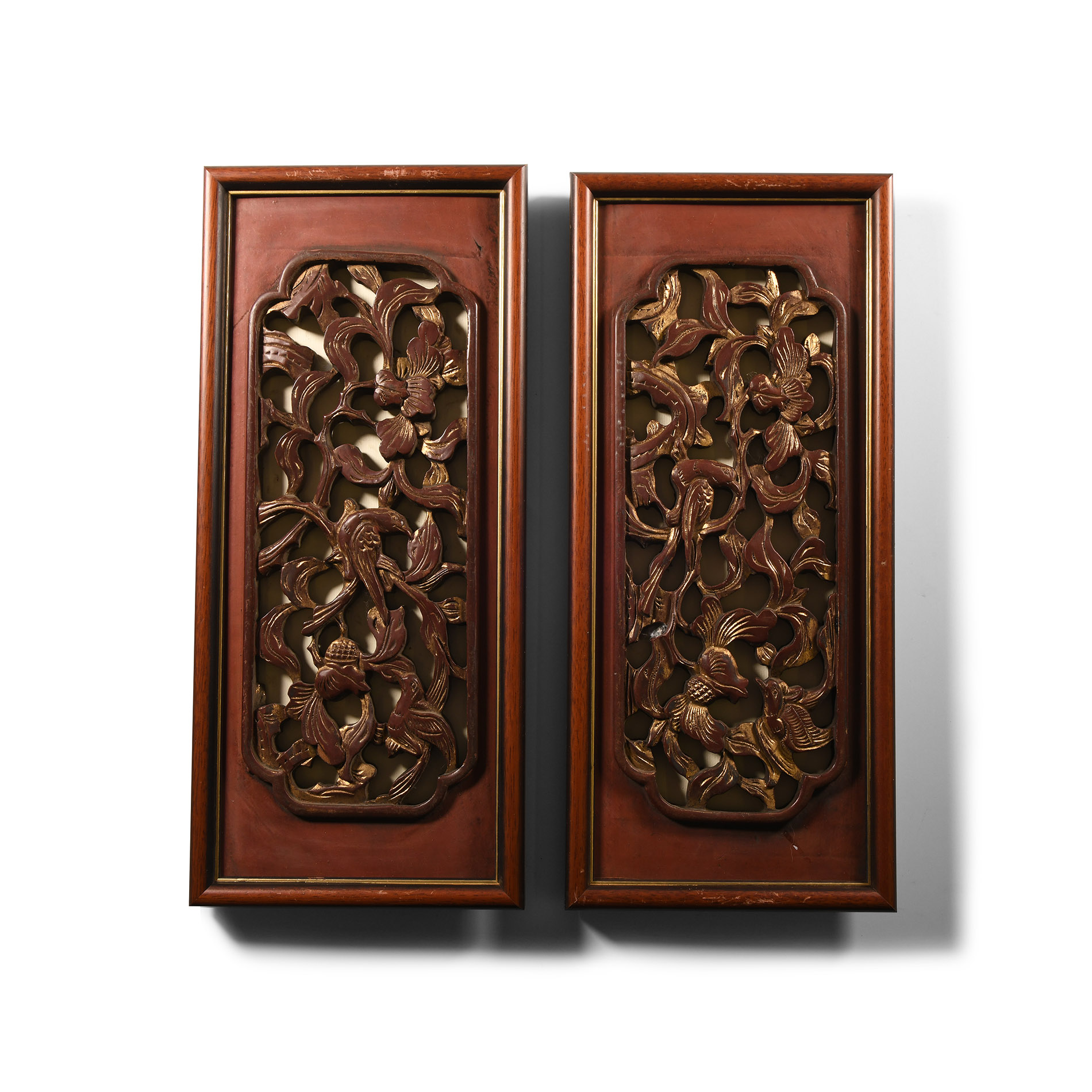 Chinese Gilt Wooden Carved Floral Panel Pair