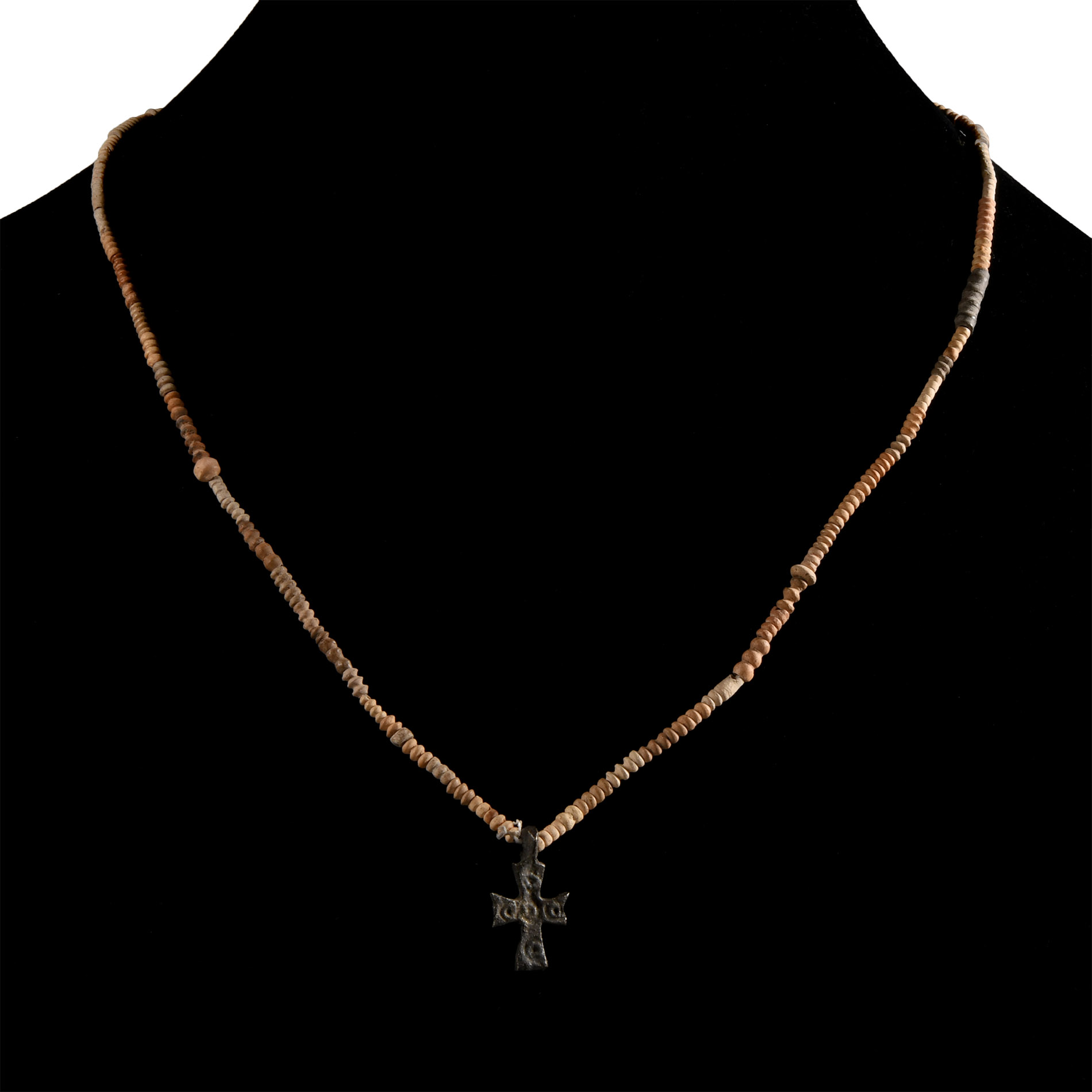 African Terracotta Bead Necklace String with Bronze Cross