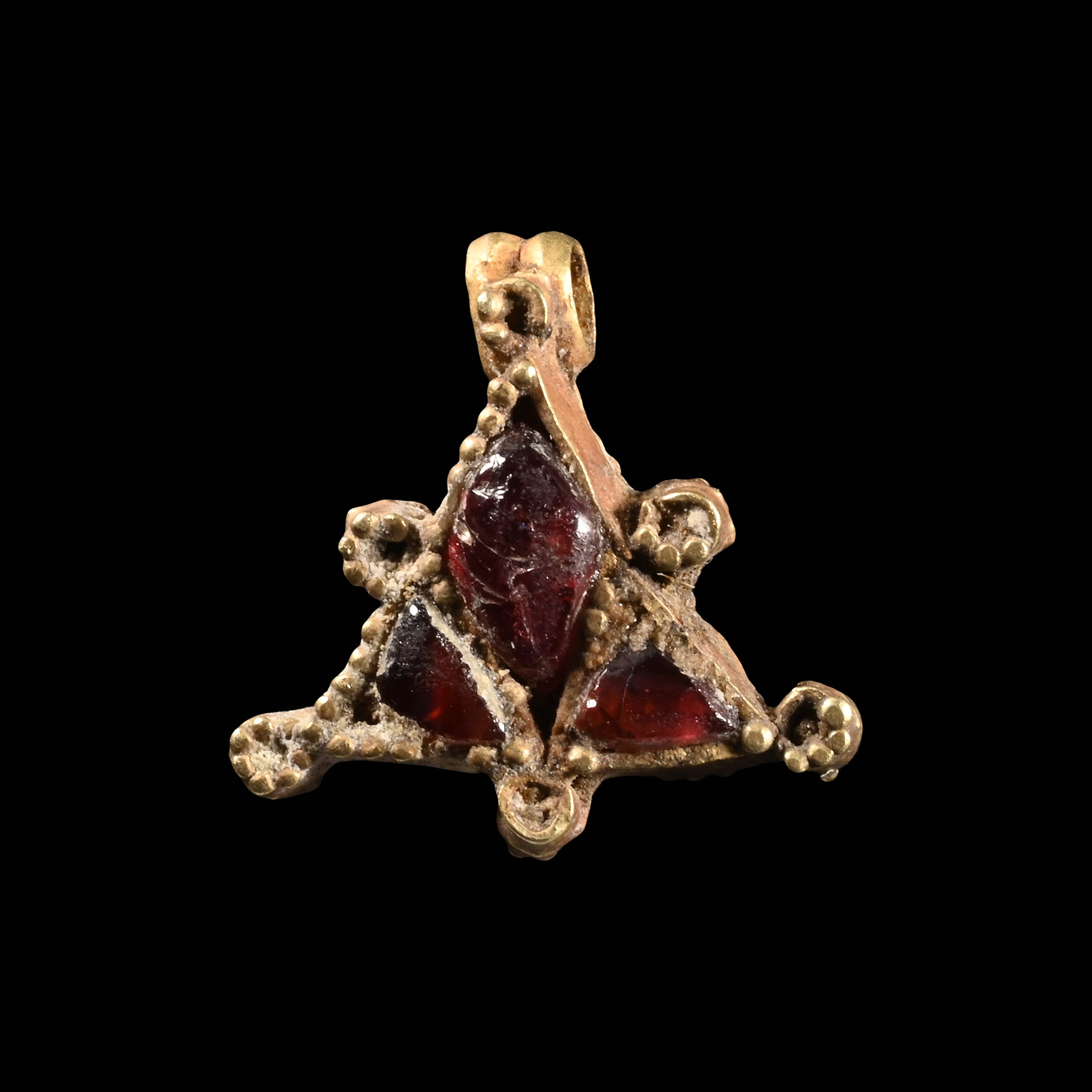 Medieval Triangular Gold Pendant with Garnets