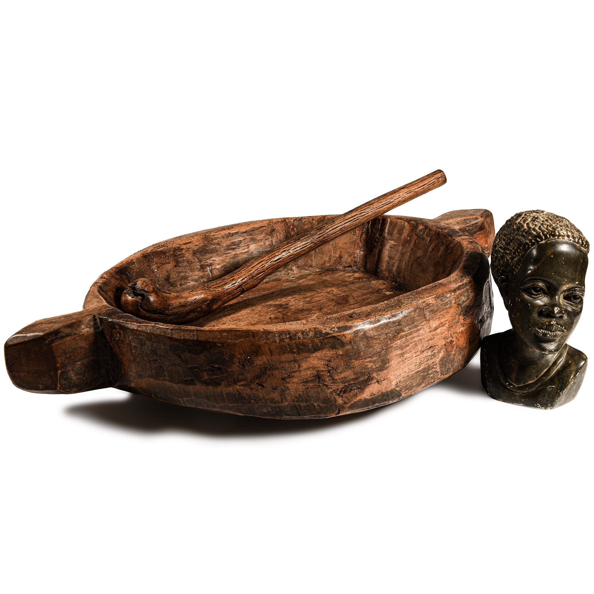African Stone Sculpture and Mixing Bowl Group