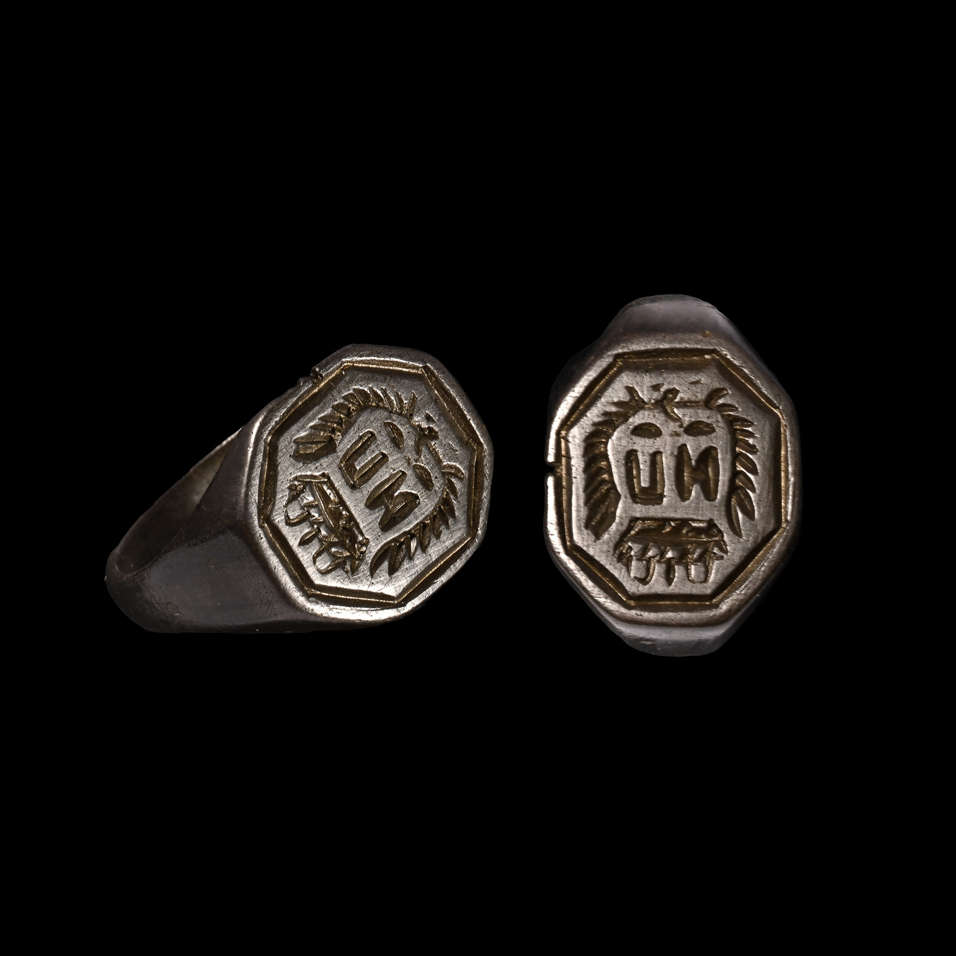 Tudor Period Tinned Bronze Signet Ring with Crowned Initials