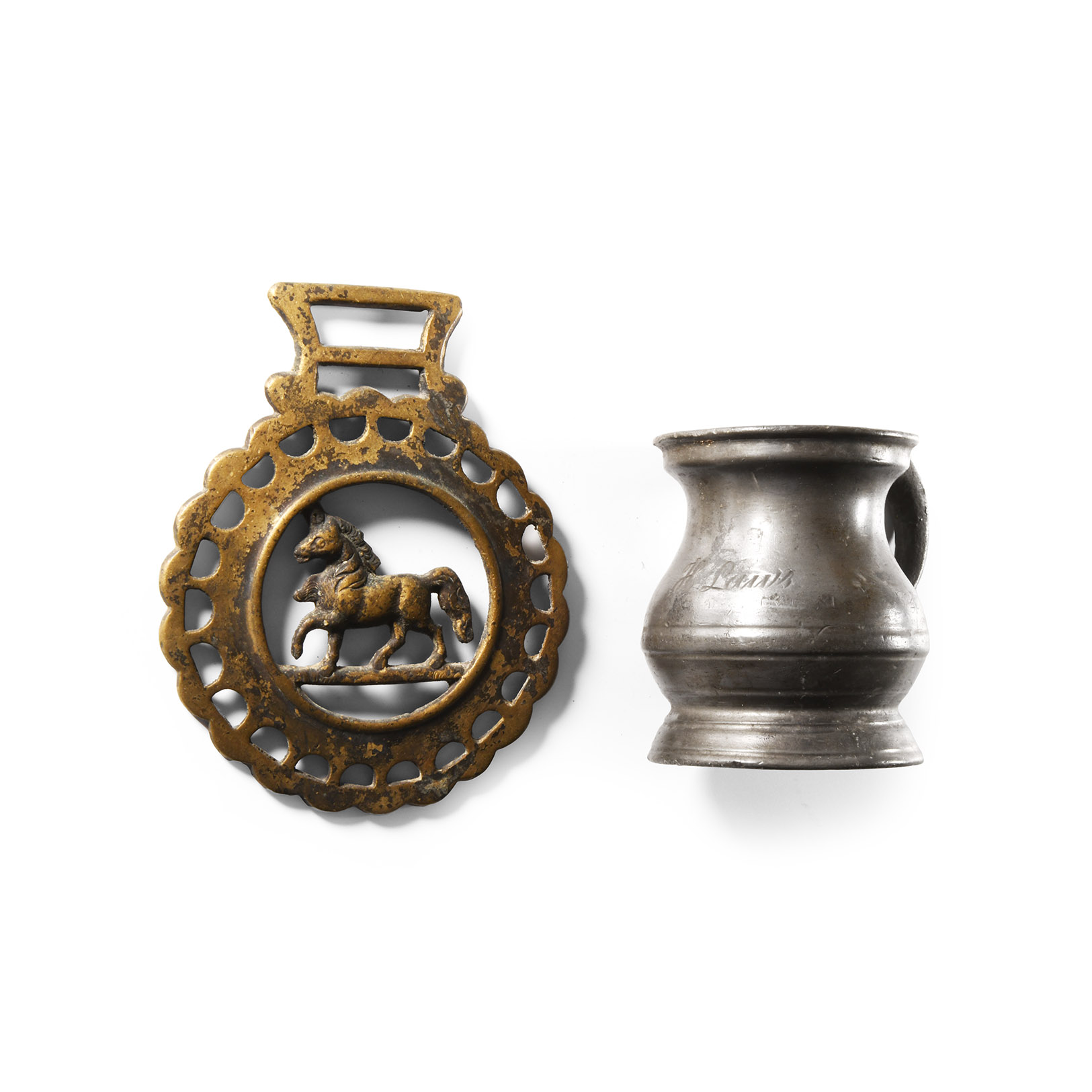 Georgian Pewter Gill Measure and Horse Brass