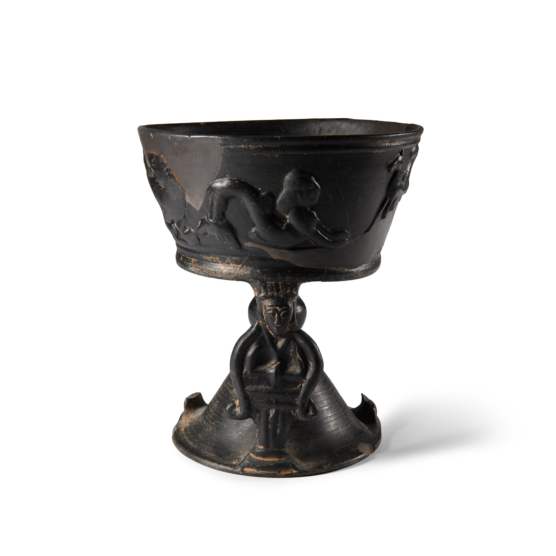 Etruscan Bucchero Chalice with Mythical Beasts, Animals, and Caryatid