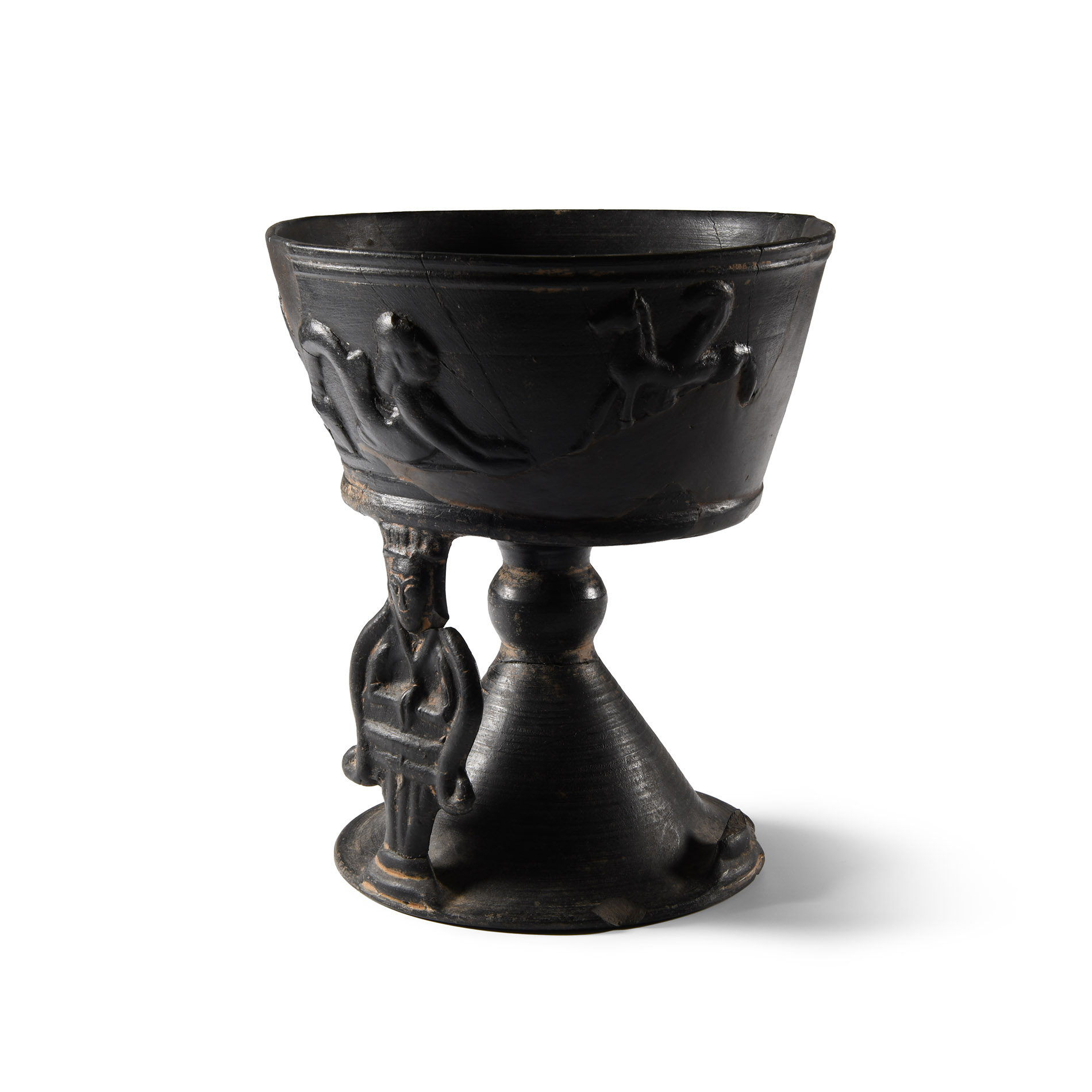 Etruscan Bucchero Chalice with Mythical Beasts, Animals, and Caryatid