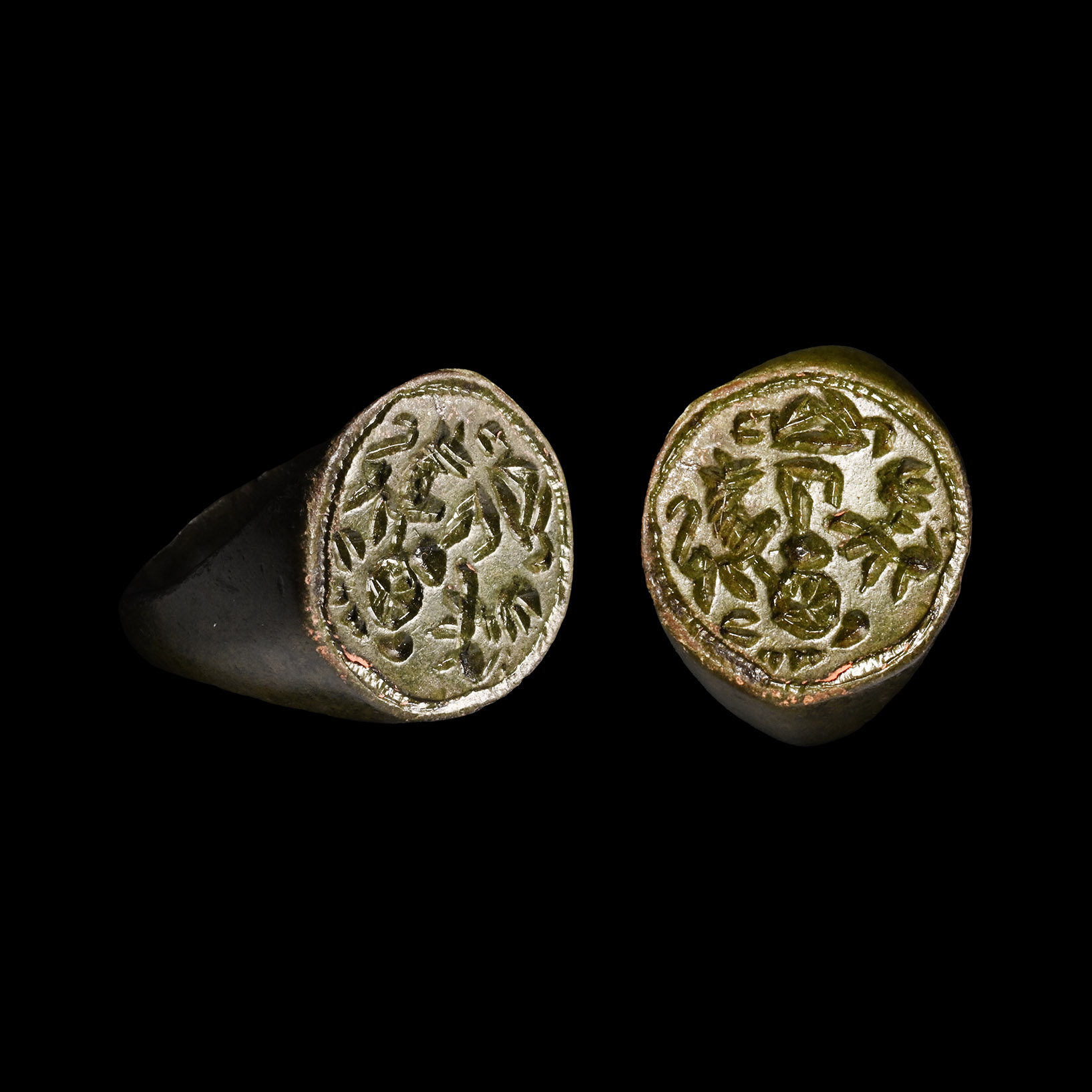 Medieval Bronze Signet Ring with Figure and Horse Head