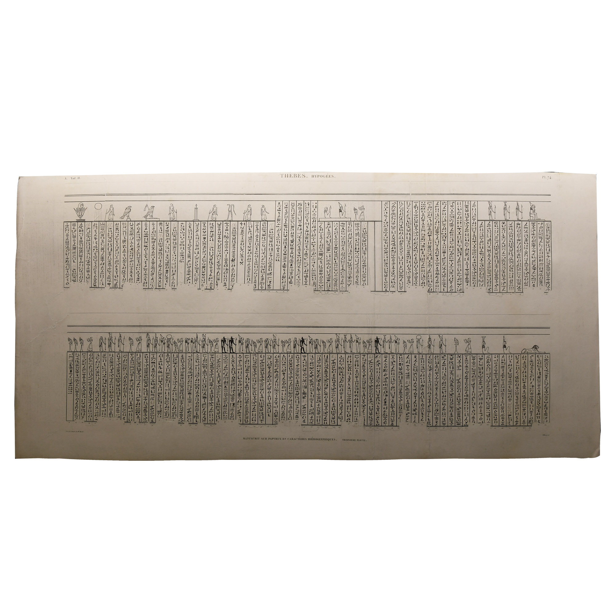 Large Egyptian Expedition Lithograph Print with Hieroglyphs