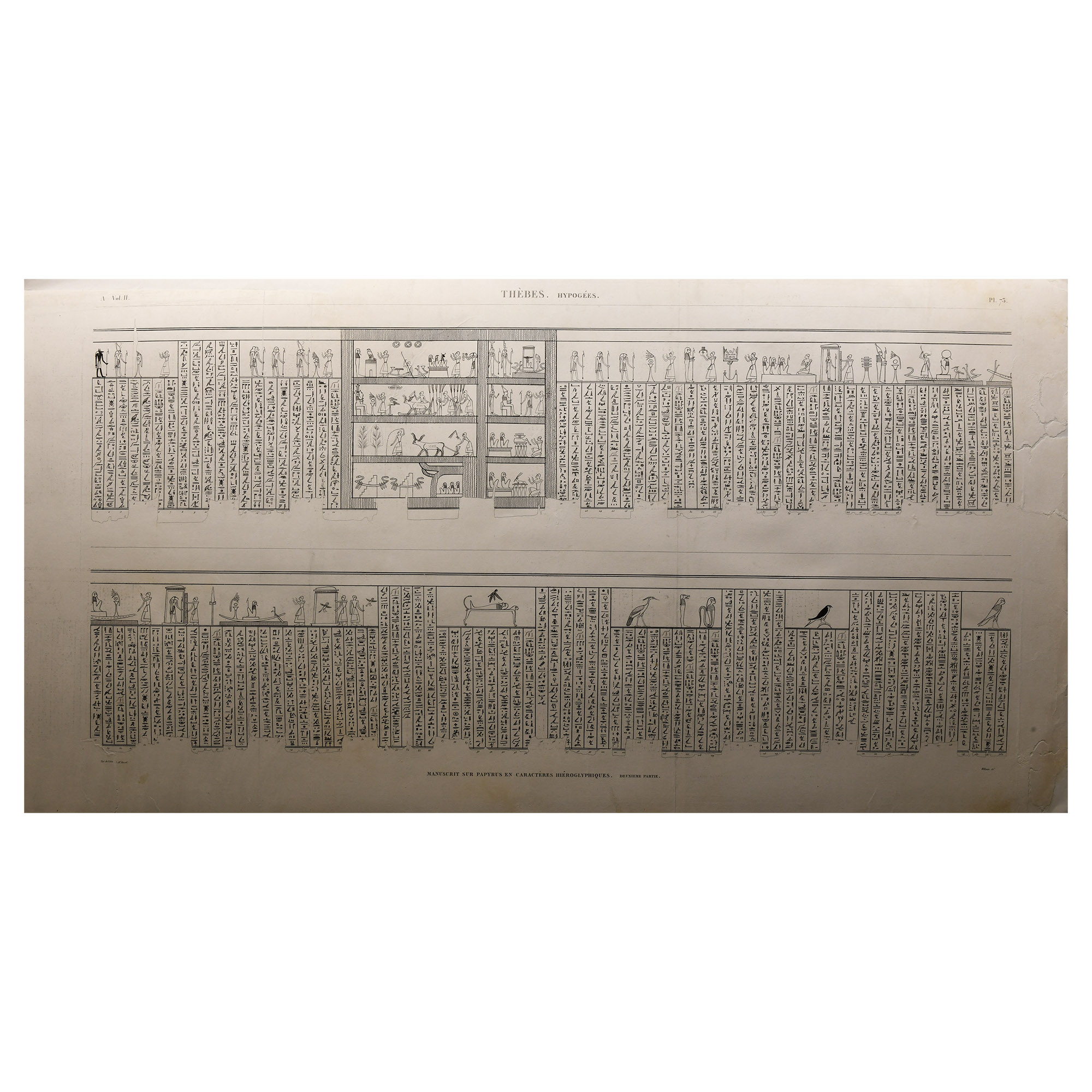 Large Egyptian Expedition Lithograph Print with Hieroglyphs