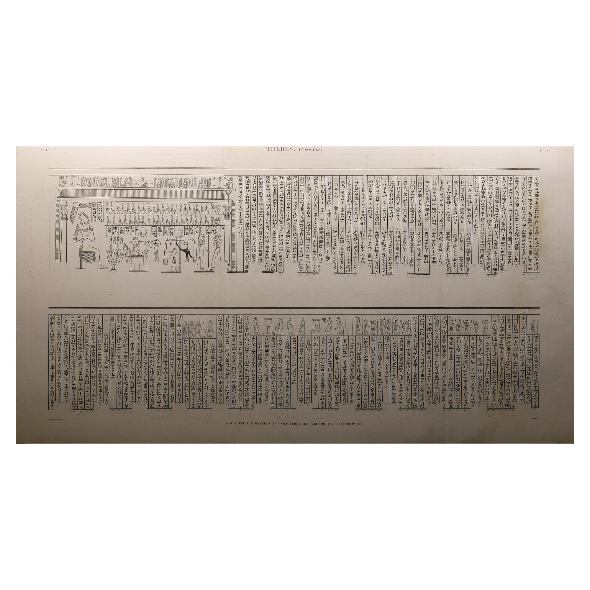 Large Egyptian Expedition Lithograph Print with Hieroglyphs