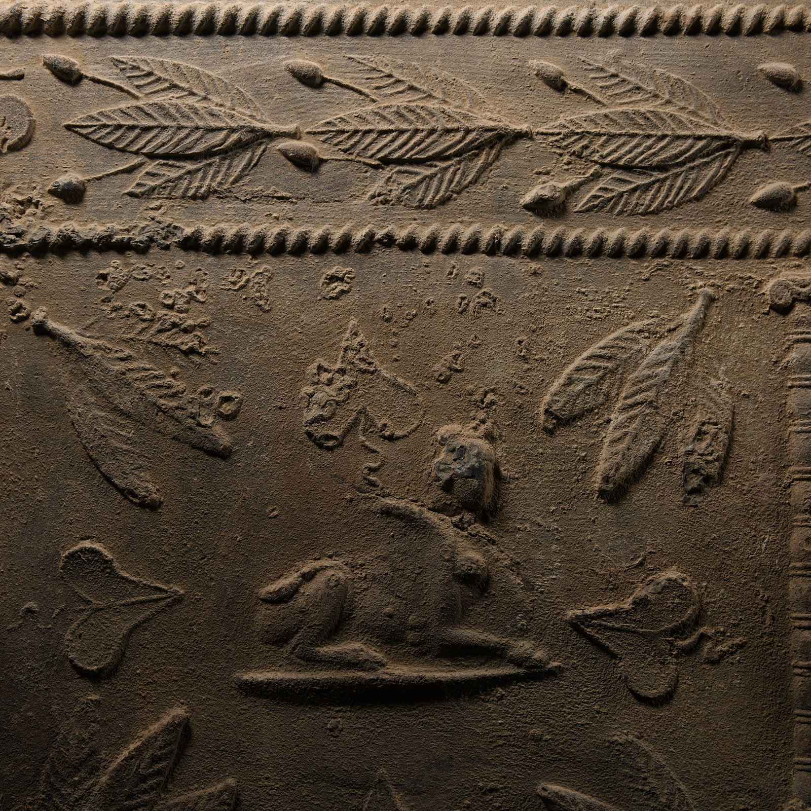 Roman Lead Coffin Fragment with Sphinx, Medusa and Dolphins