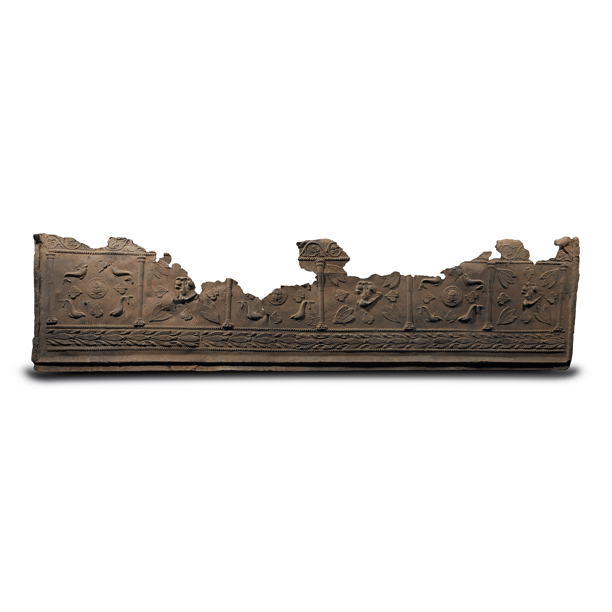 Roman Lead Coffin Panel with Sphinx, Medusa and Dolphins
