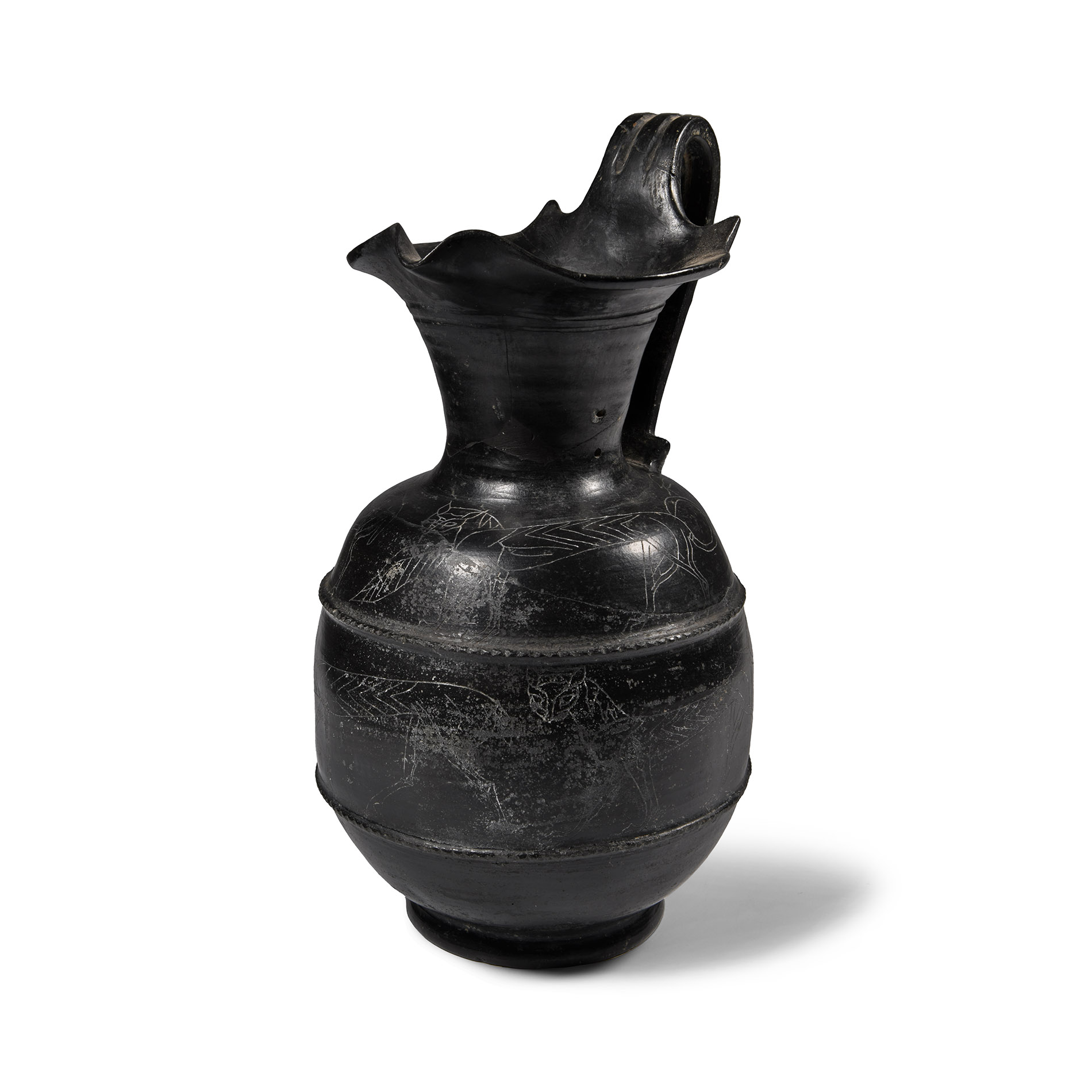 Etruscan Terracotta Bucchero Oinochoe with Incised Animals