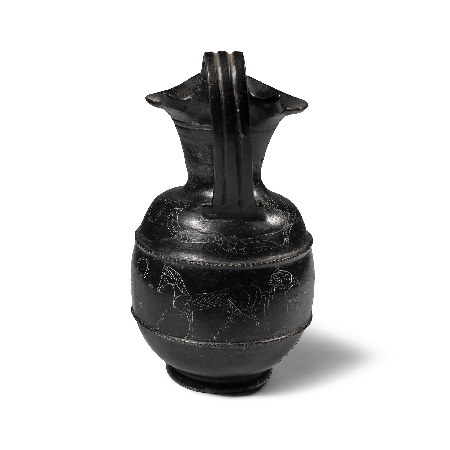 Etruscan Terracotta Bucchero Oinochoe with Incised Animals