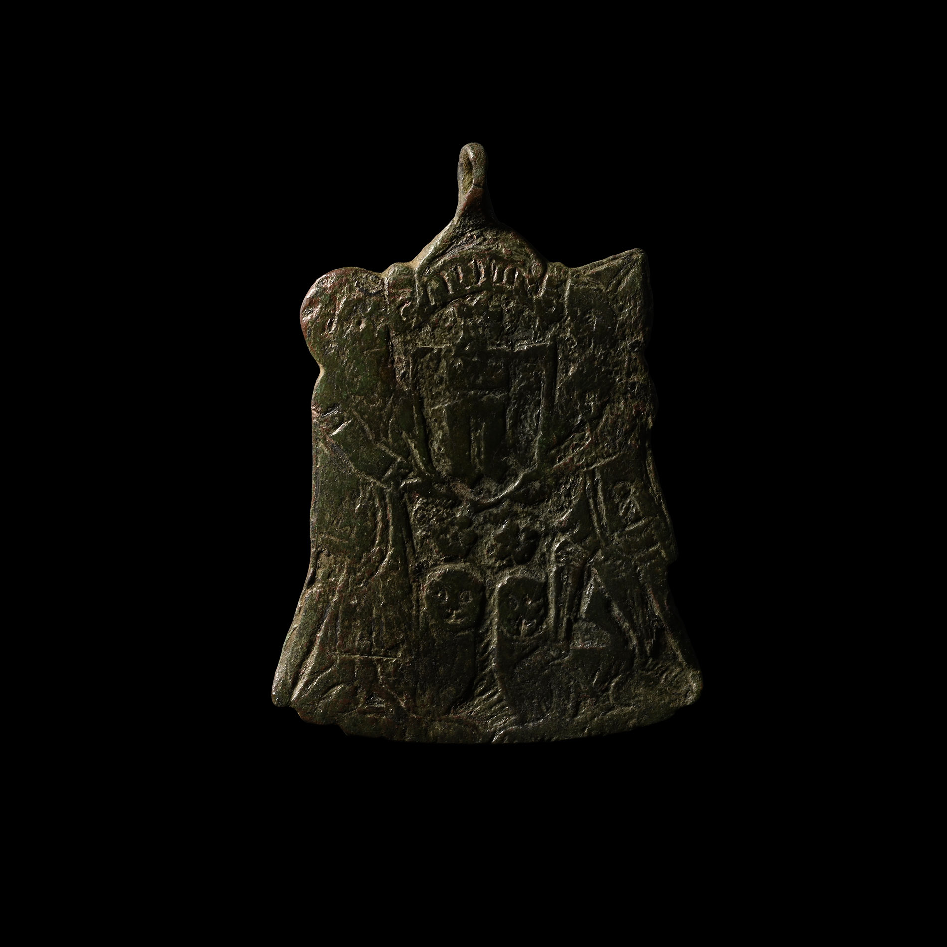 Large Medieval Bronze Heraldic Horse Harness Pendant with Figures Holding a Shield with Crested 'N'