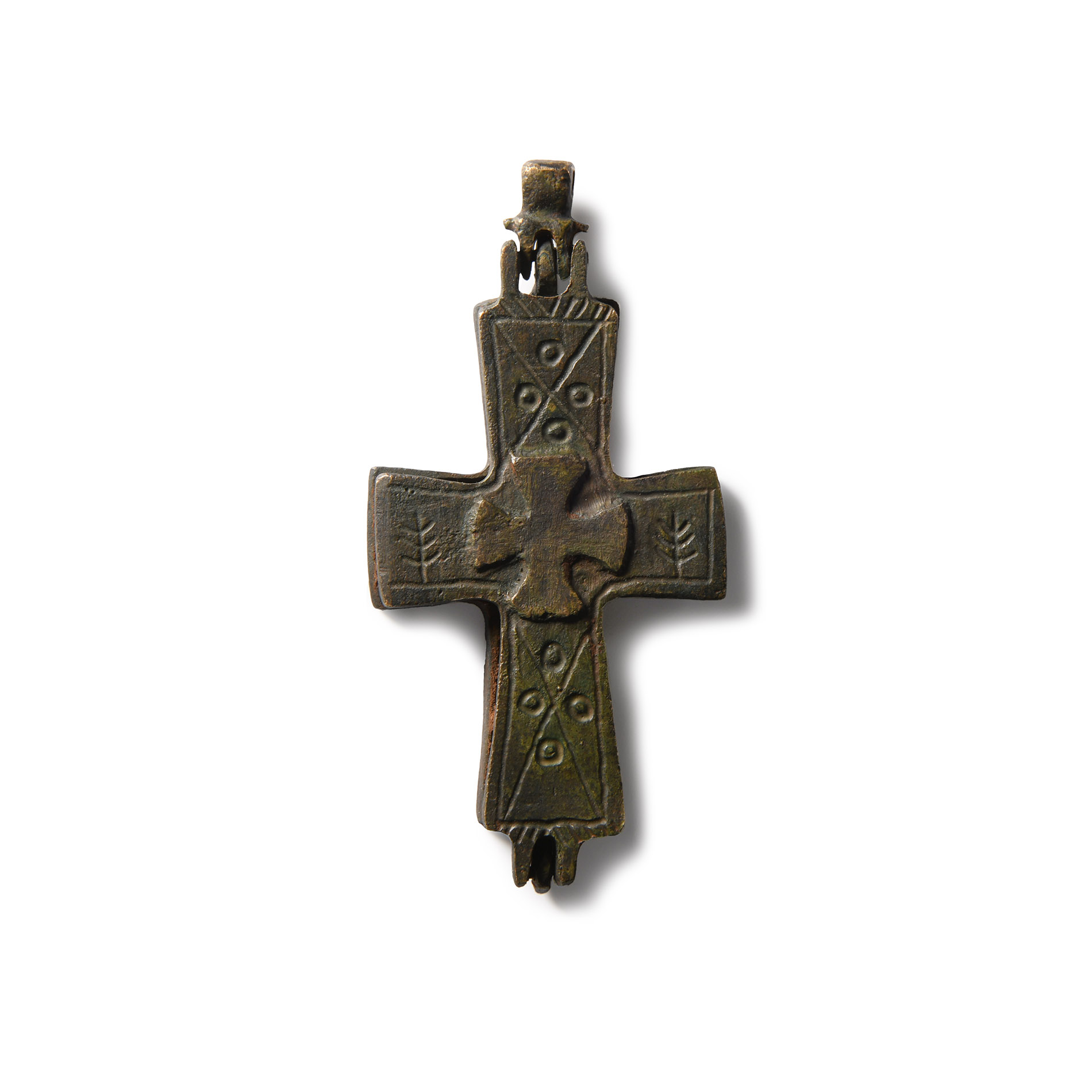 Byzantine Style Bronze Reliquary Cross Pendant