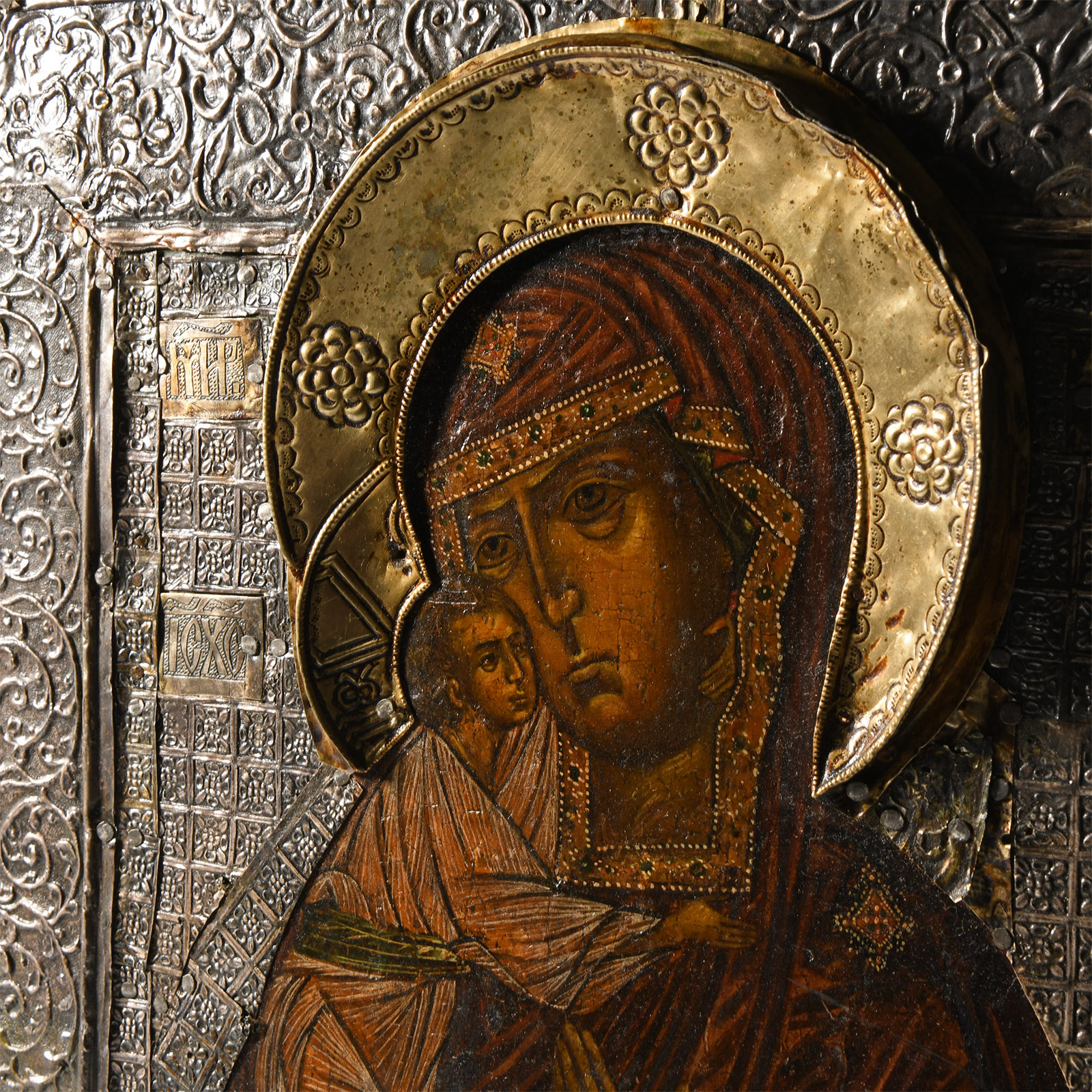 Russian Wooden Icon with Virgin Donskaya with Silver Basma