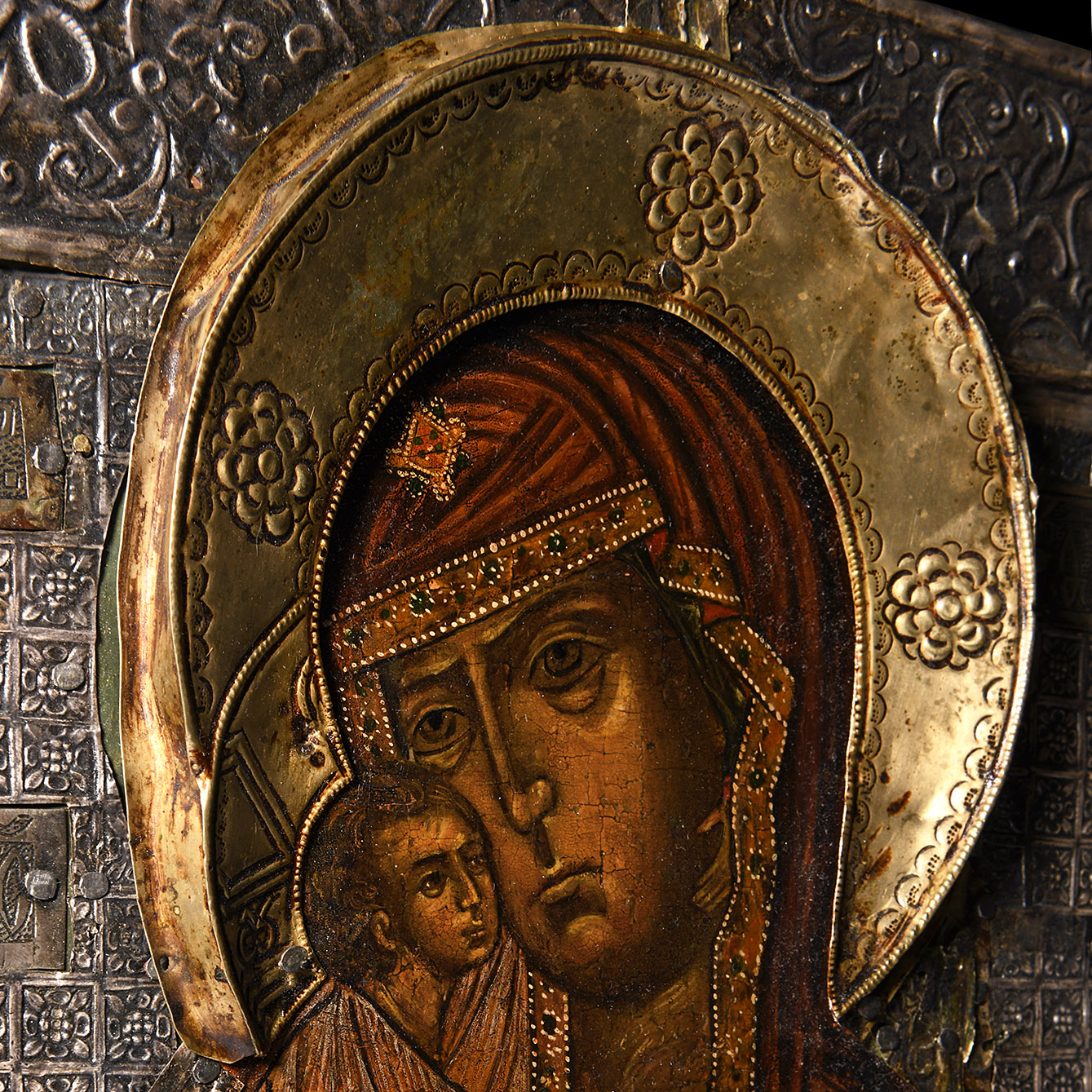 Russian Wooden Icon with Virgin Donskaya with Silver Basma