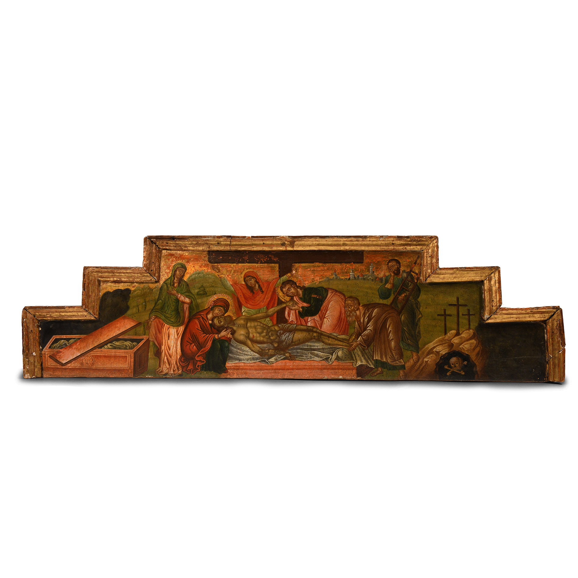 Cretan School Wooden Pedestal Cross Base with 'Descent from the Cross' Gilt Painted Scene