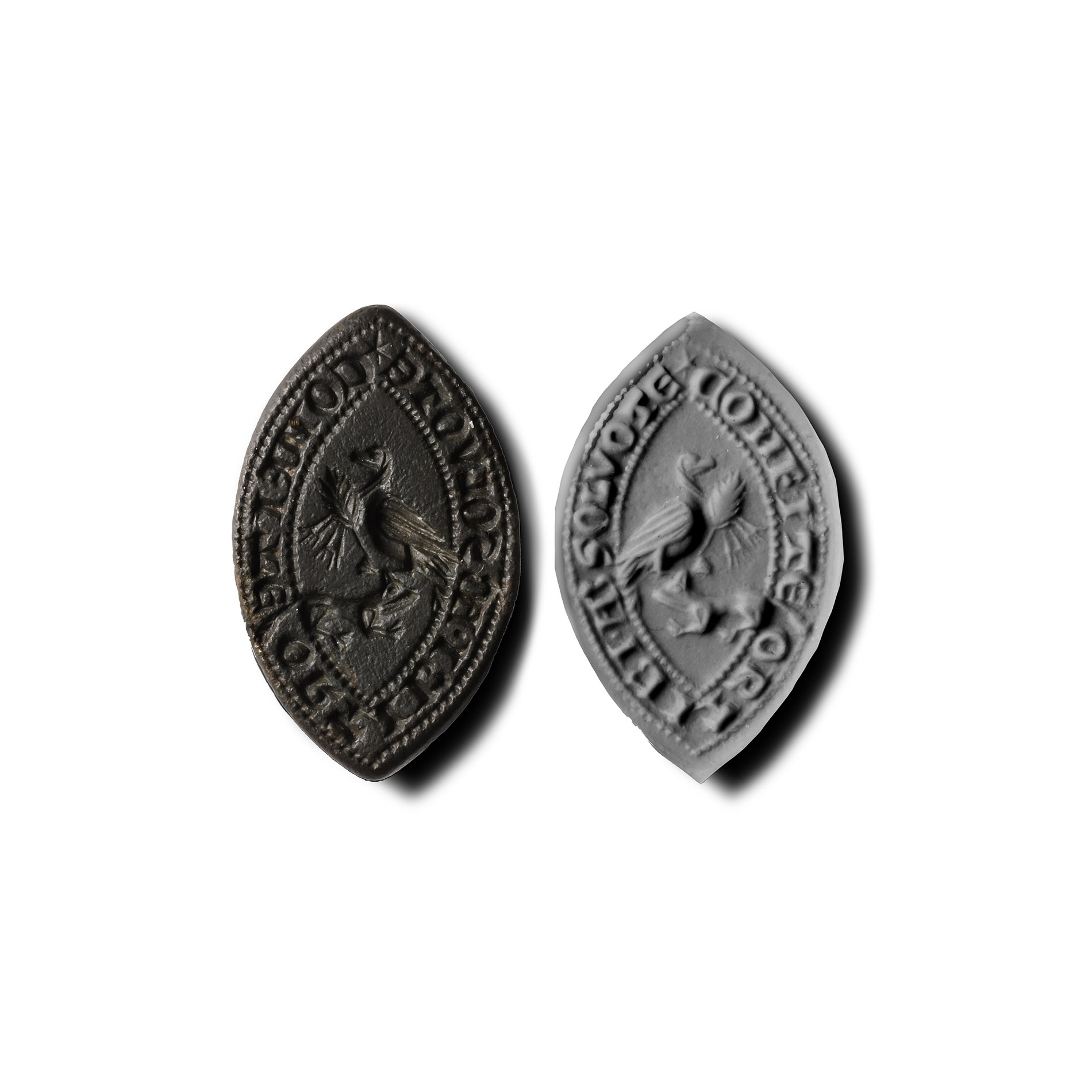 Medieval Bronze Vesica-Shaped Seal Matrix with a Bird