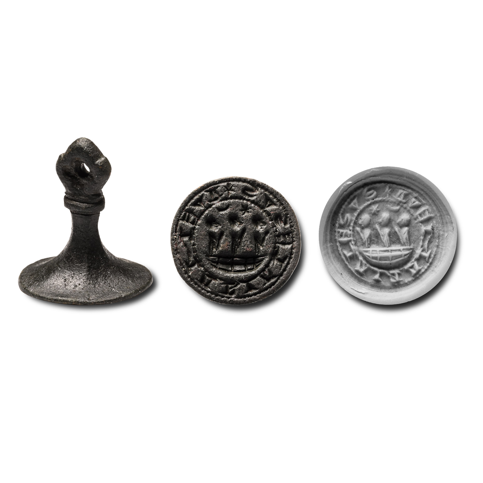 Medieval Bronze Round Seal Matrix with Hail Mary and Jesus