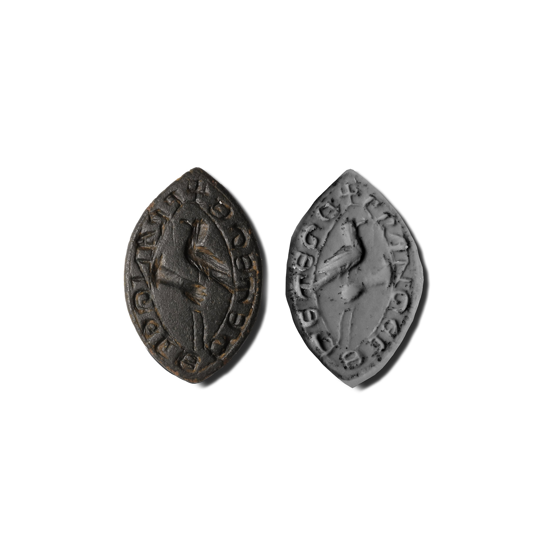 Medieval Bronze Vesica-Shaped Seal Matrix with Falcon