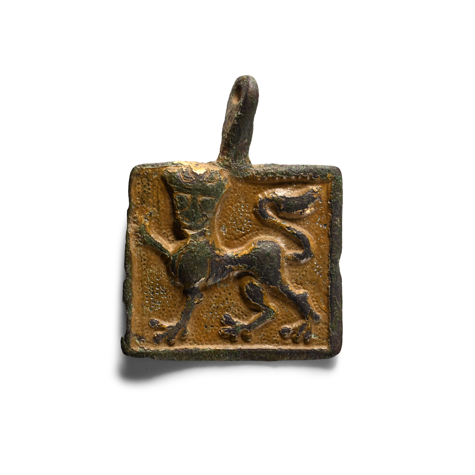 Medieval Knight's Gilt Bronze Enamelled Heraldic Horse Harness Pendant with Crowned Royal Lion