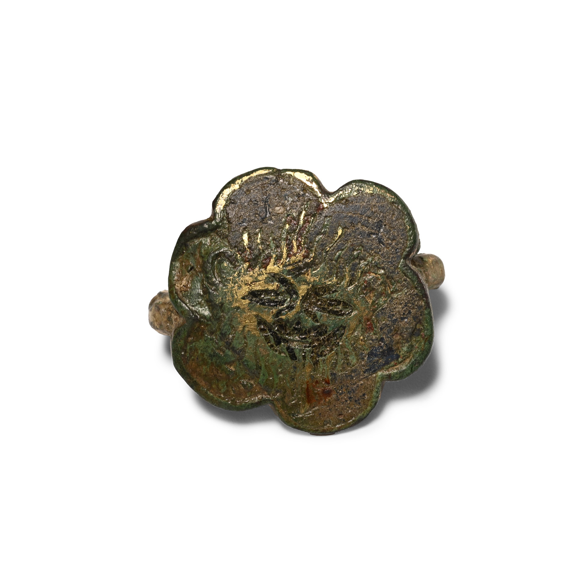Medieval Knight's Gilt Bronze Enamelled Heraldic Horse Harness Belt Slide with Face