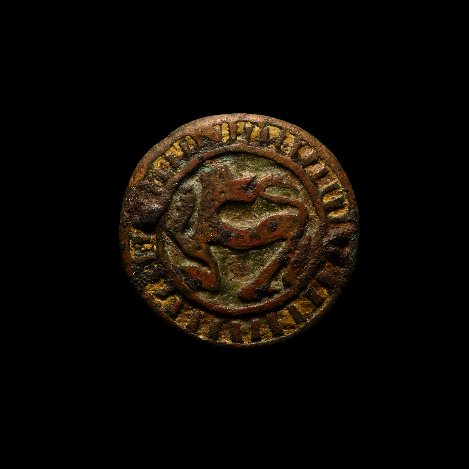 Medieval Knight's Bronze Enamelled Heraldic Horse Roundel with Lion Facing Back