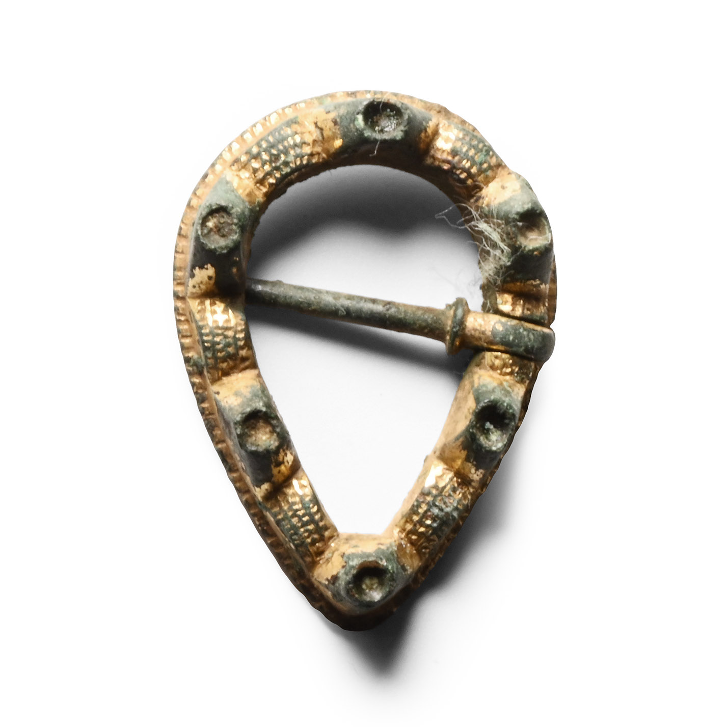 Medieval Gilt Bronze Teardrop Ring Brooch with Turrets