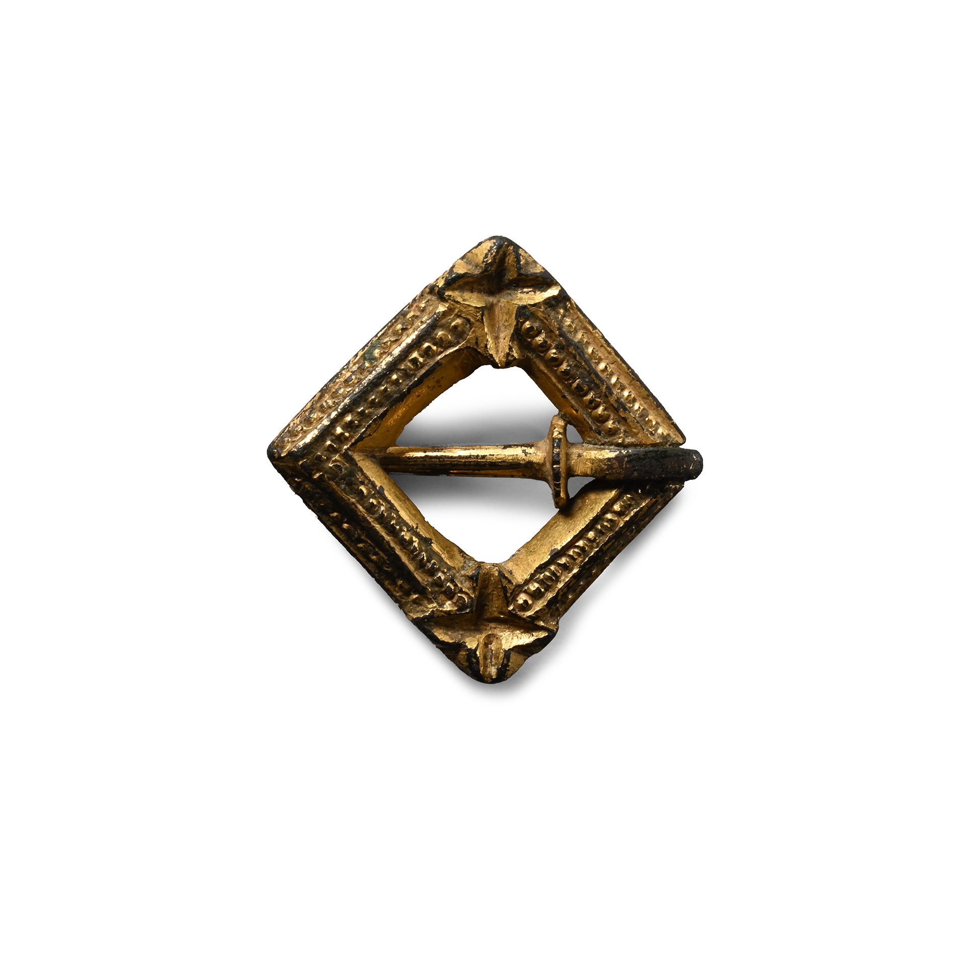 Medieval Gilt Bronze Lozenge-Shaped Ring Brooch with Inscription Verso