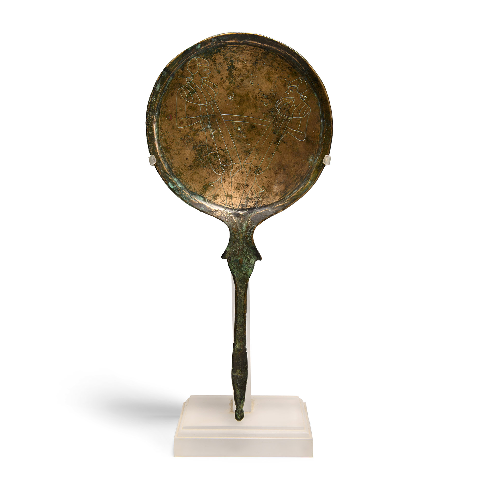 Etruscan Bronze Handled Mirror with Robed Female Dancers