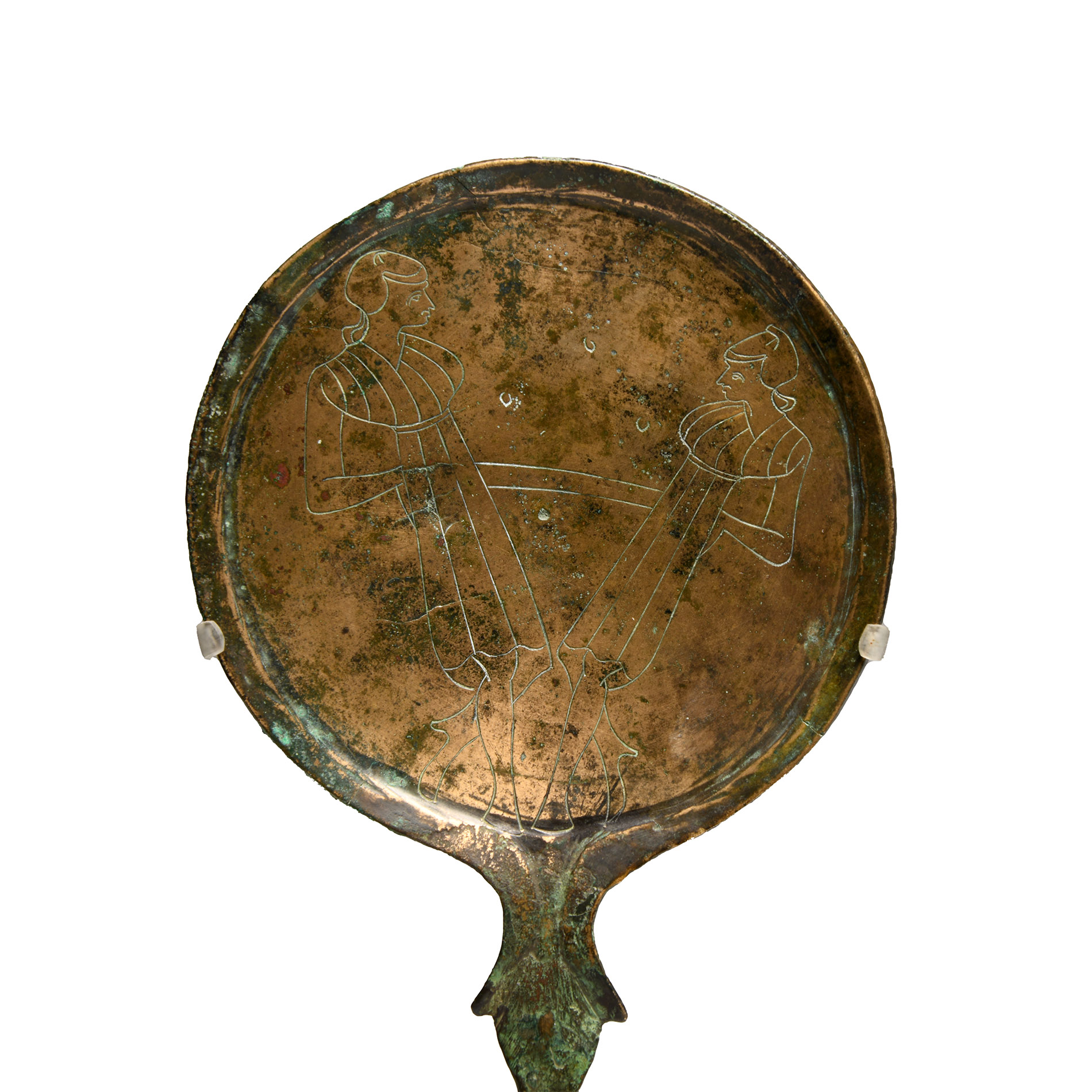 Etruscan Bronze Handled Mirror with Robed Female Dancers