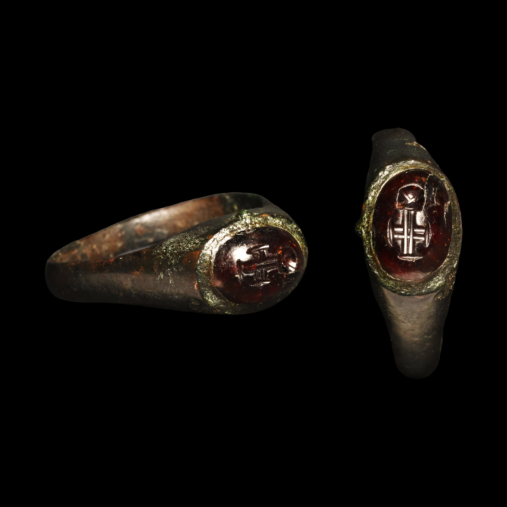 Byzantine Bronze Ring with 'Globus Cruciger' Gemstone