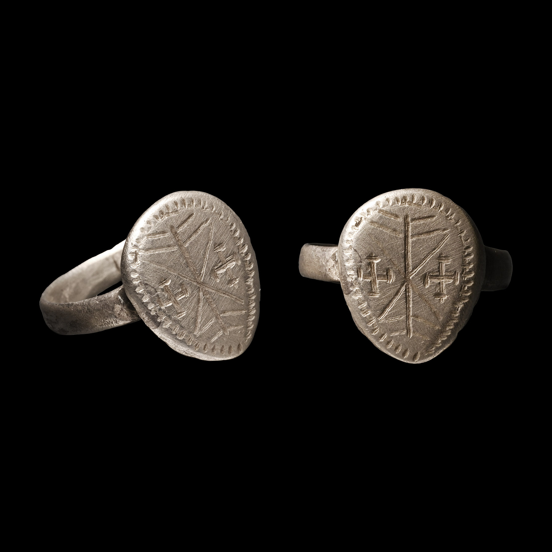 Medieval Silver Shield-Shaped Ring with Crosses