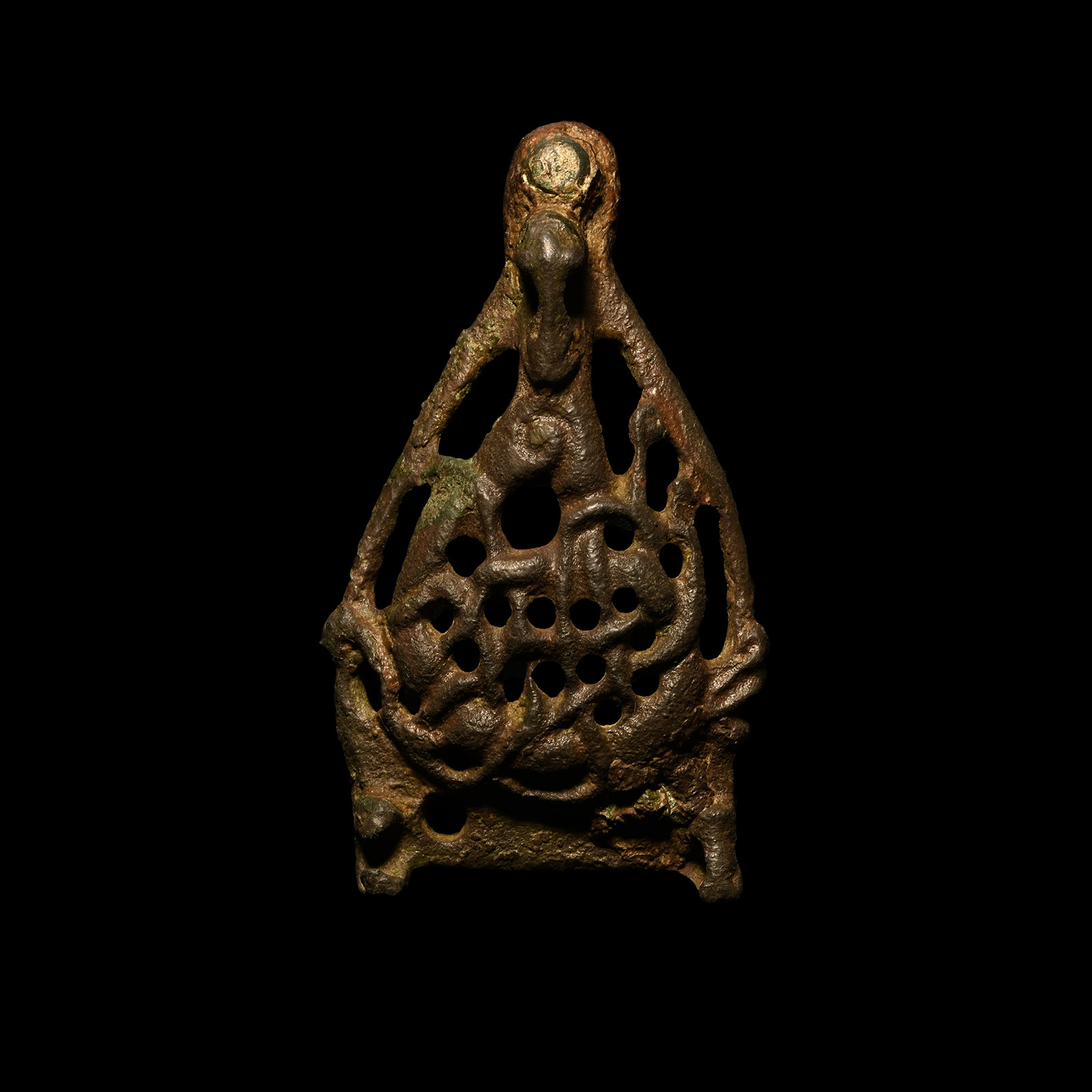 Anglo-Scandinavian Viking Bronze Three-Dimensional Urnes Stirrup Apex Mount