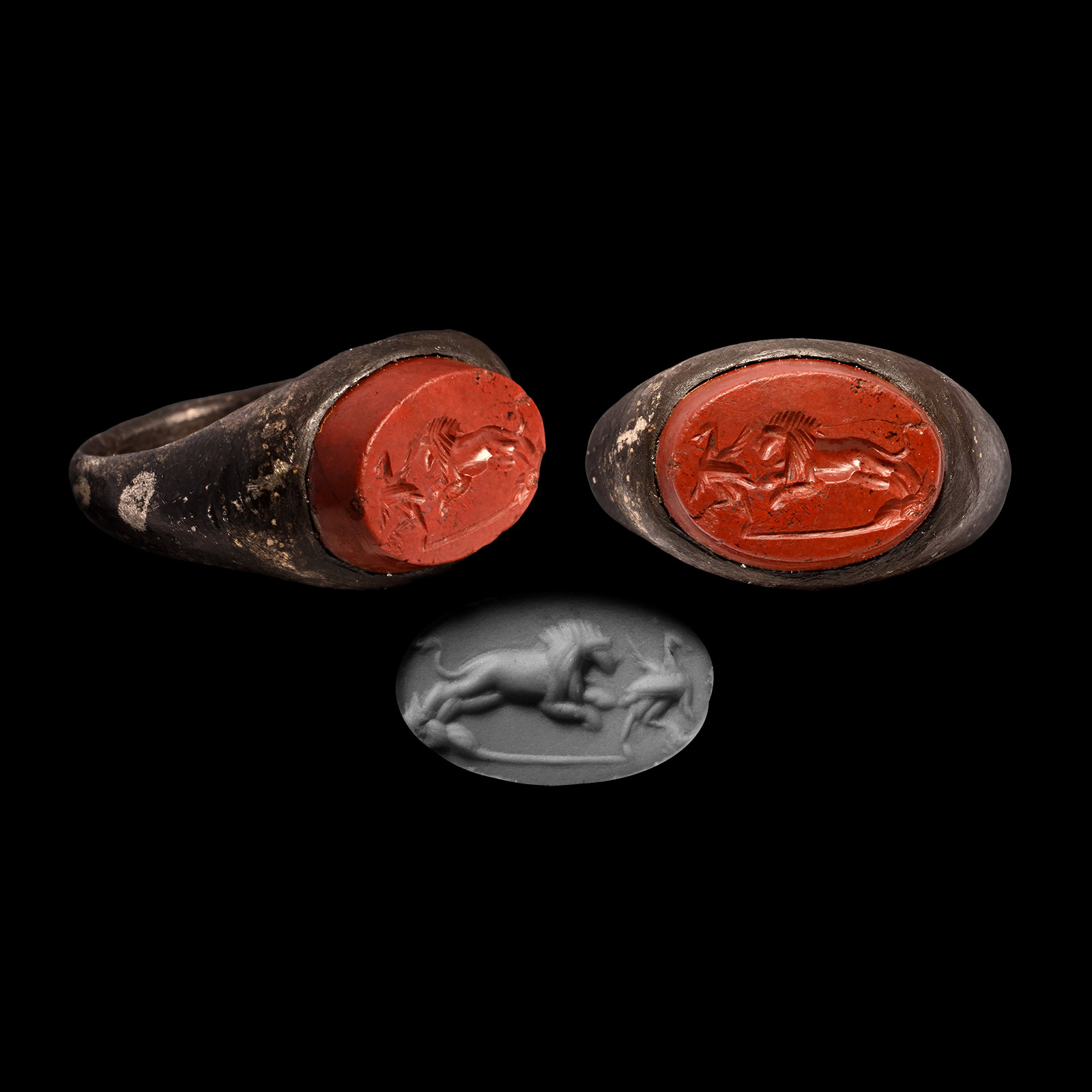 Roman Silver Ring with Lion Attacking a Bird Gemstone