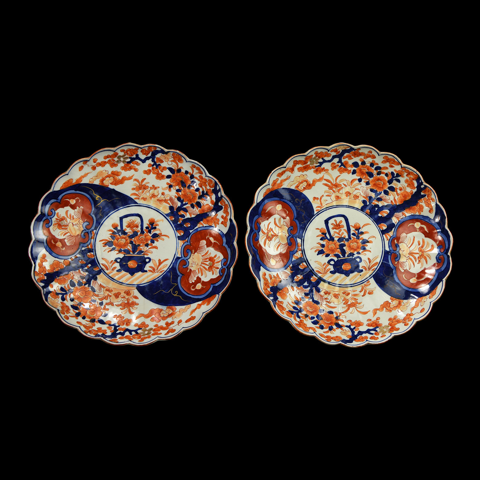 Large Japanese Glazed Ceramic Imari Dish Pair